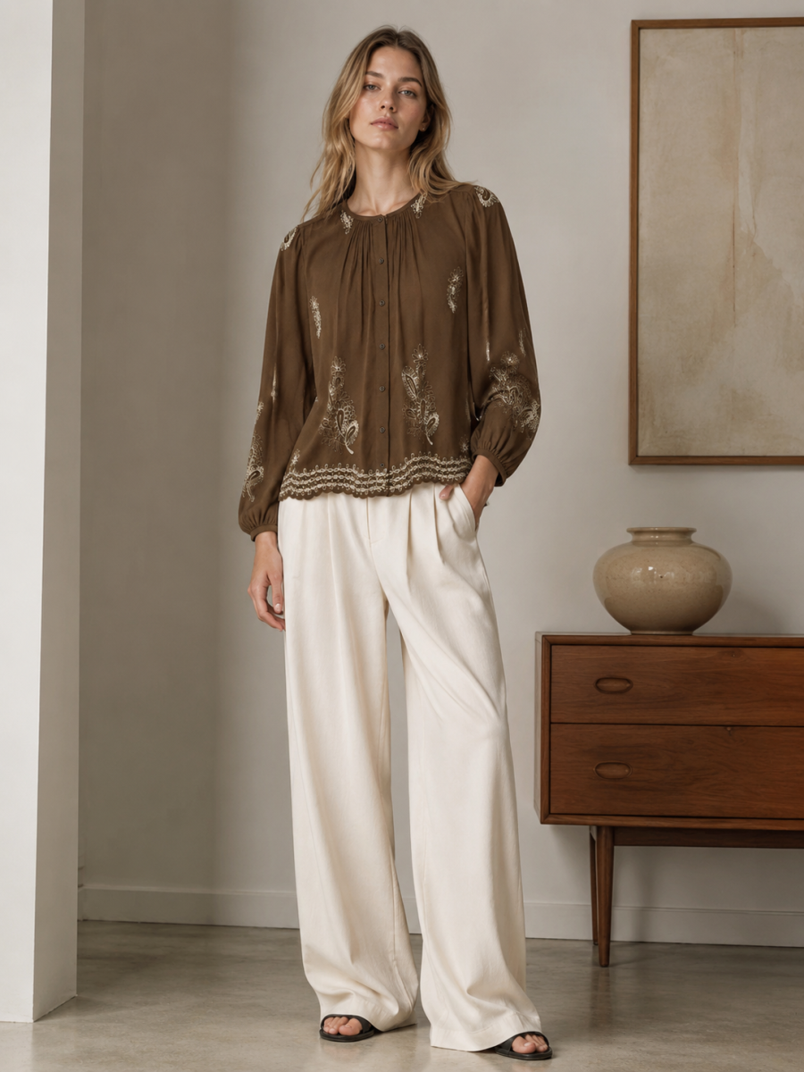 Vintage Bohemian Floral‑Embroidery Shirt W-43354