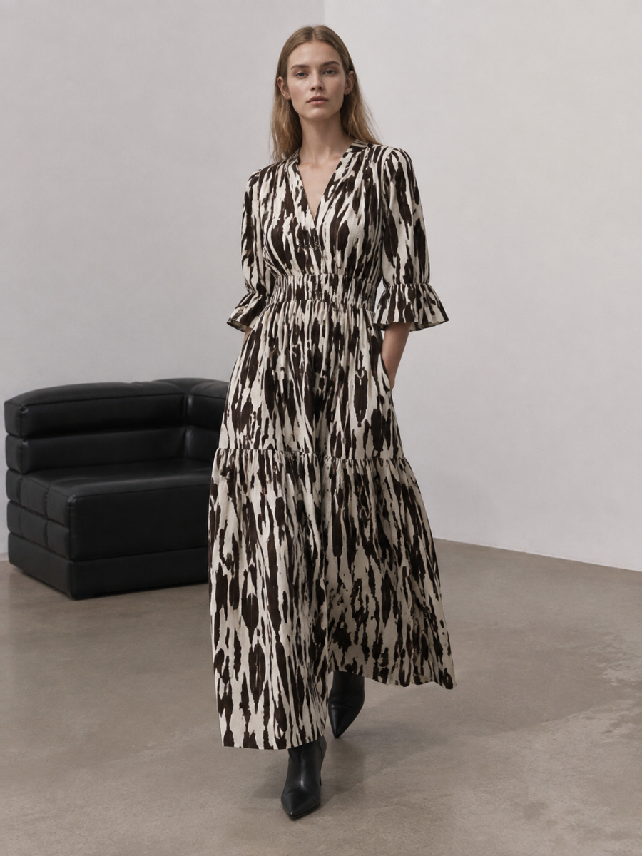 Elegant Brown Abstract‑Print Flowy Maxi‑Gown W-43443