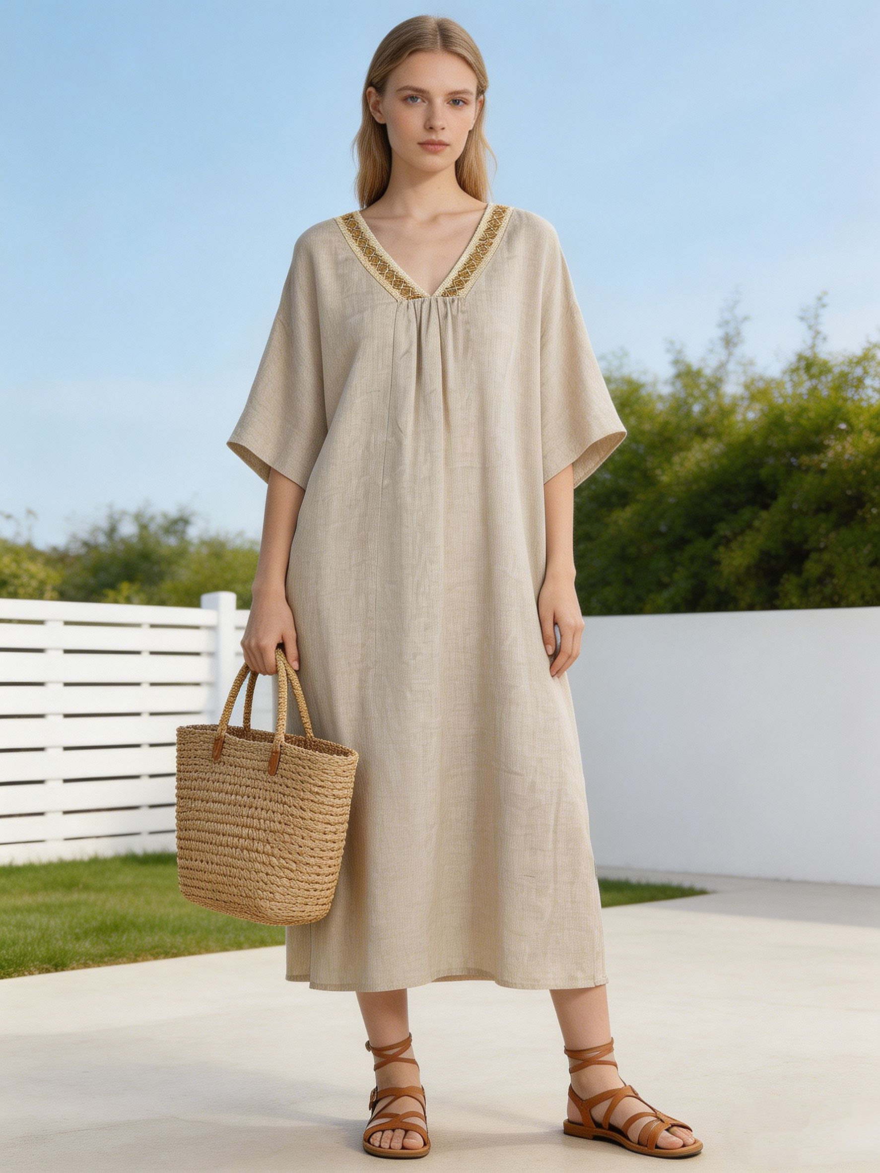 Minimalist Linen Look V-Neck Midi Dress – Women’s Casual Resort Style C-42326