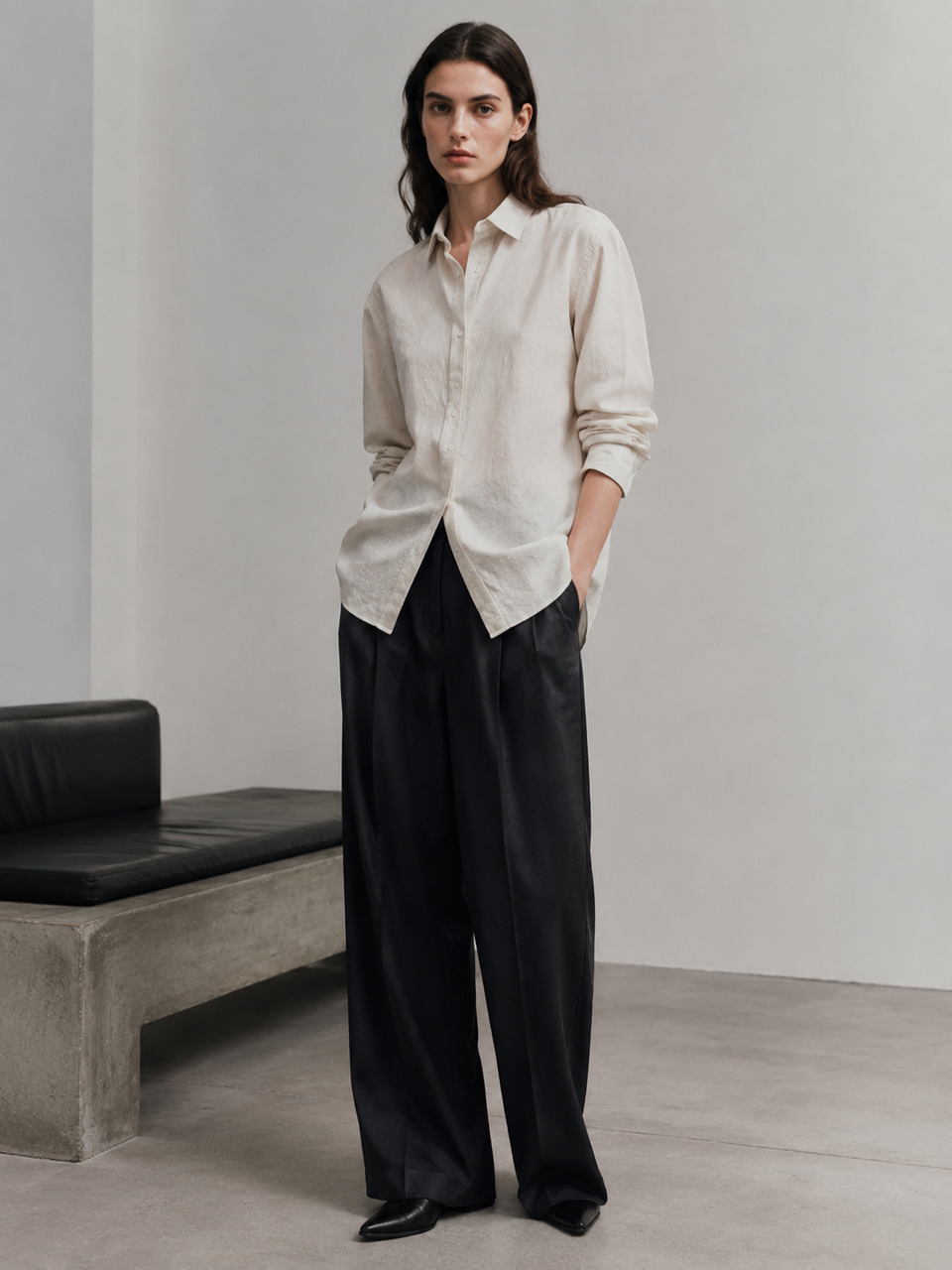 Vintage Natural‑Flax‑Texture Button‑Down Linen Shirt W-43465