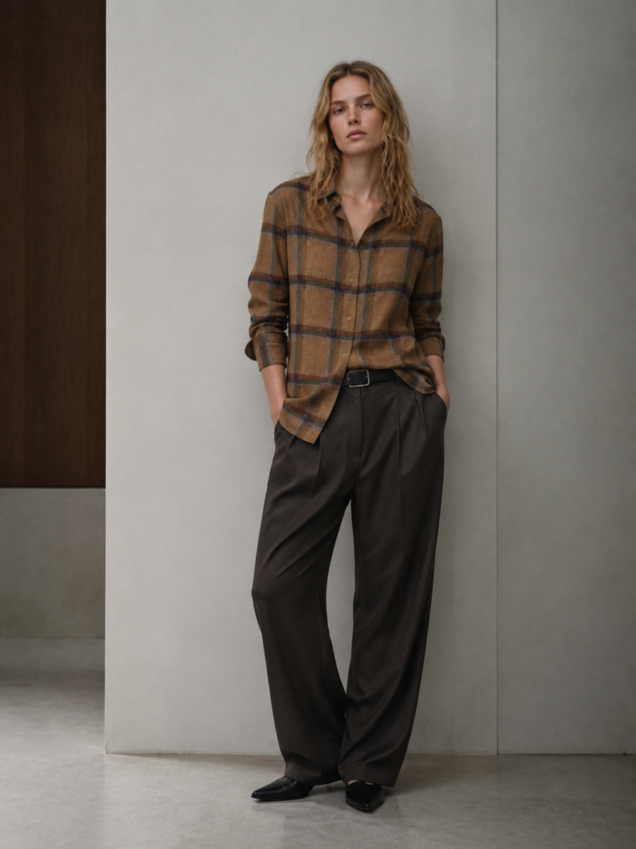 Women Retro Brown‑Tone Plaid Linen Shirt W-43490