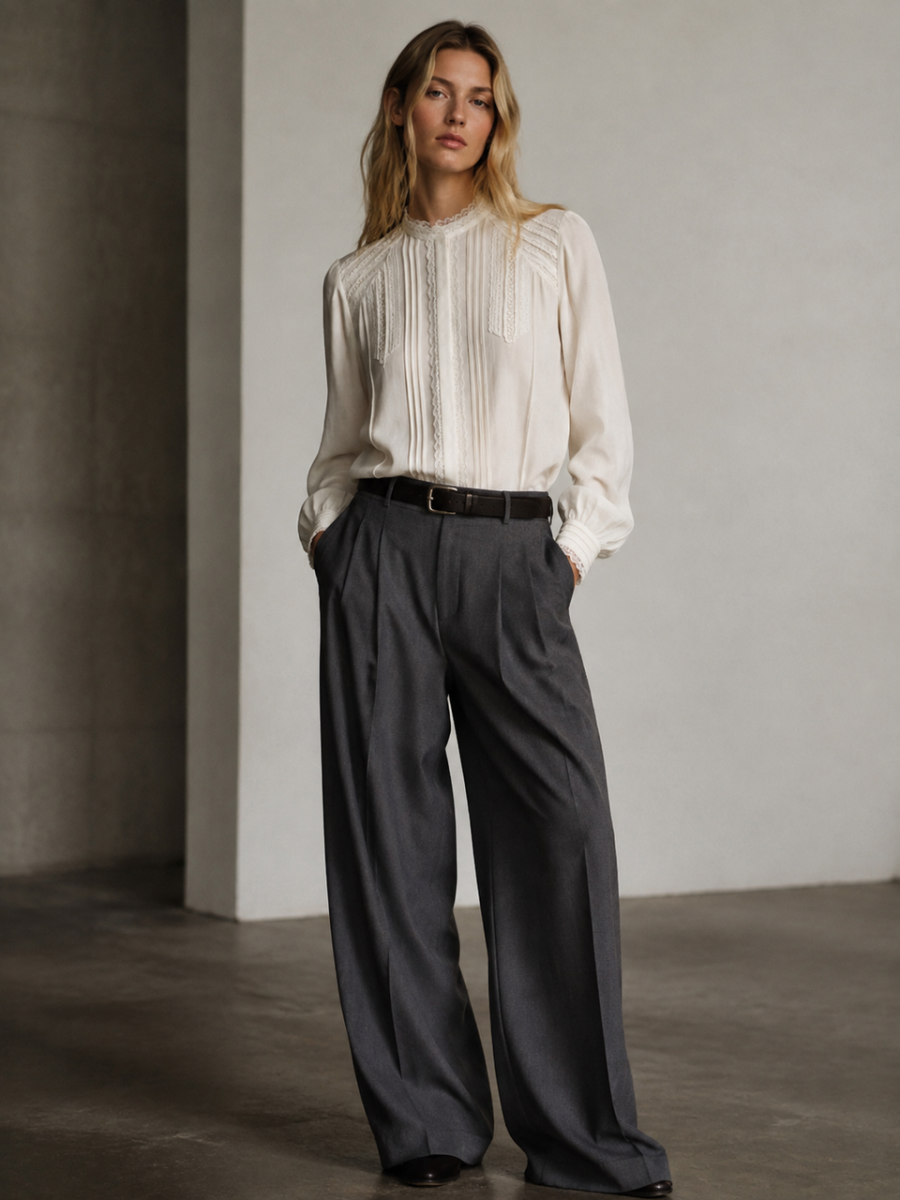 Vintage Lace‑Accent Pintuck Blouse W-43495