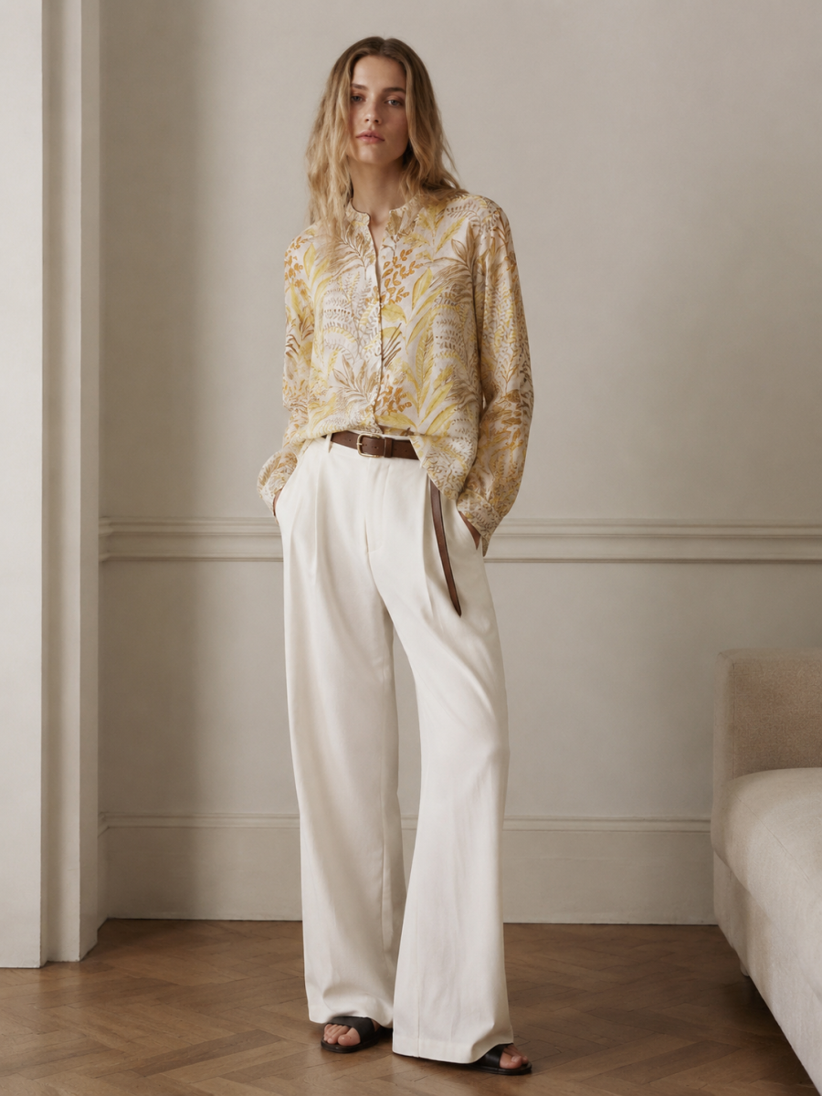 Elegant Yellow Plant‑Print Linen‑Look Blouse W-43515