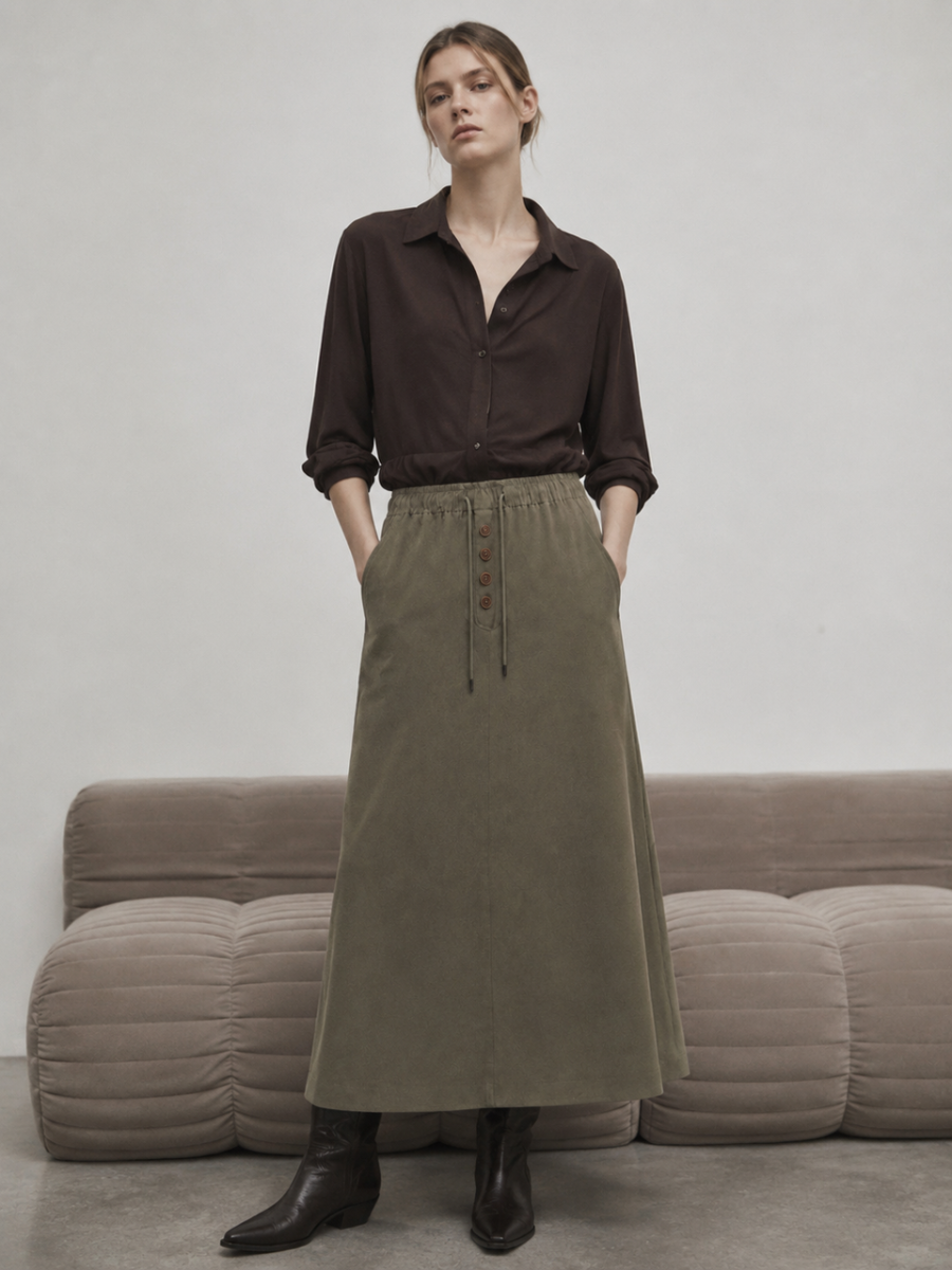 Boho Linen Blend A‑Line Midi Skirt A-42299H