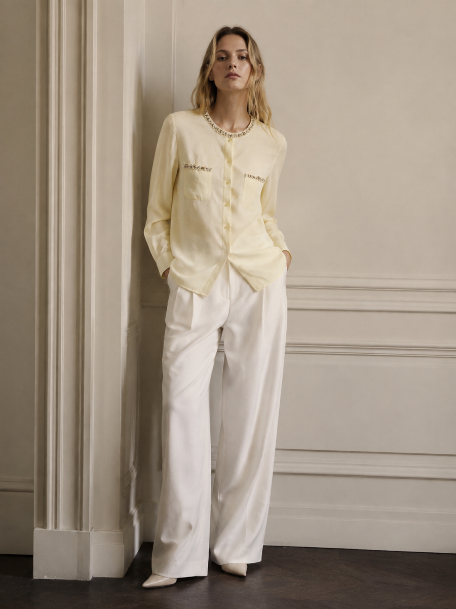 Chic Fringe‑Trim Linen Blouse A-42553
