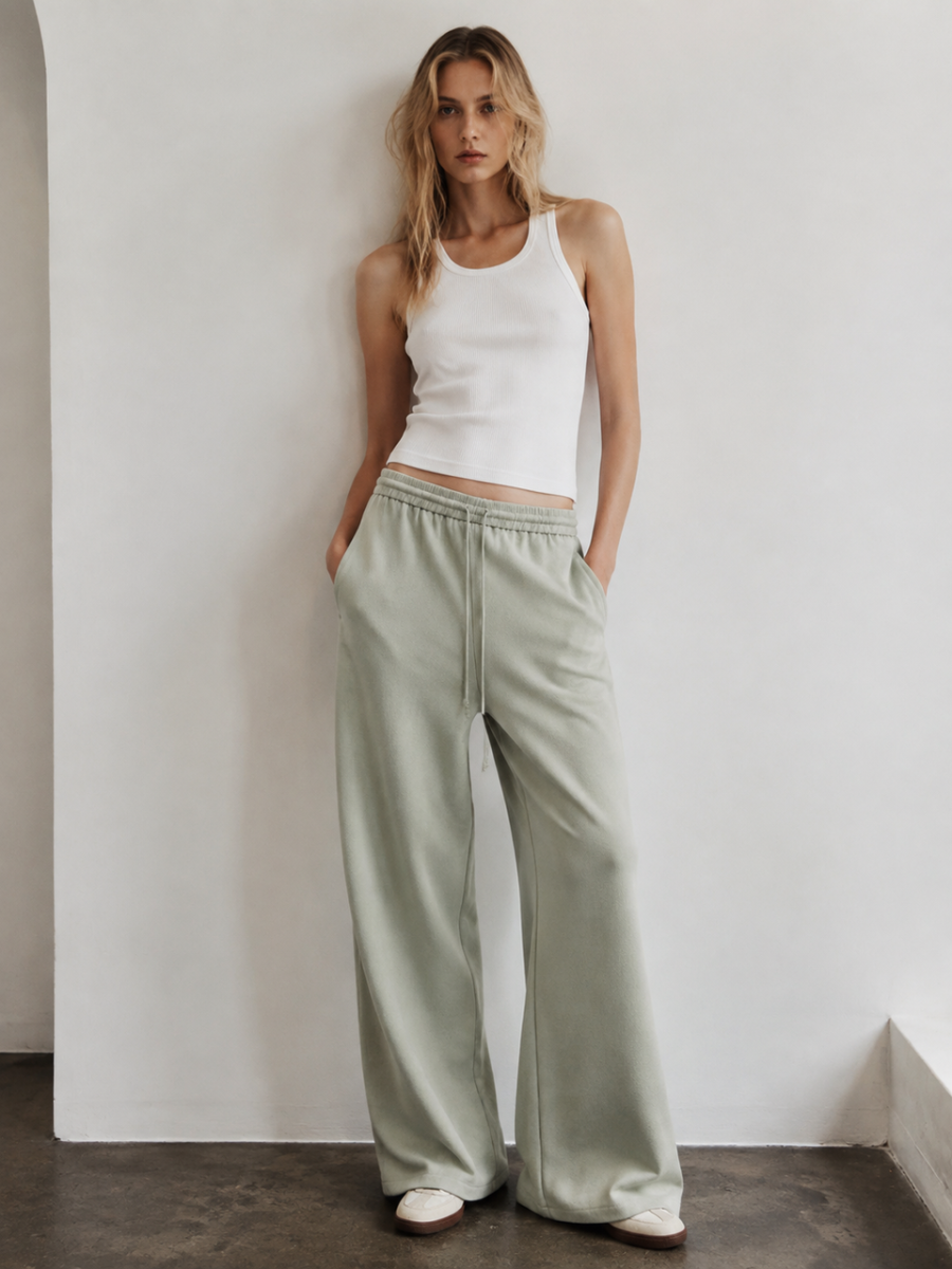 Loose Flowly Linen‑Texture Wide Leg Trousers A-42588