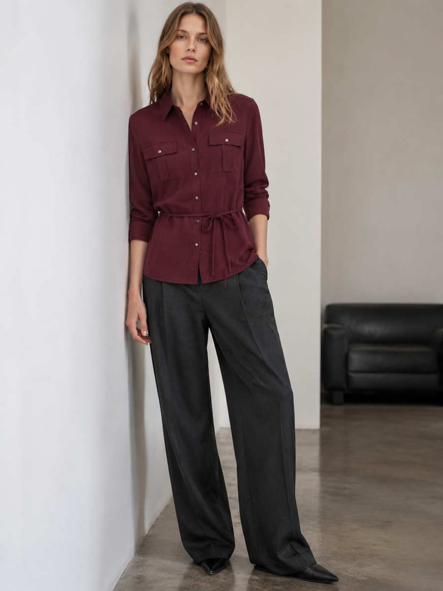 Women Burgundy Belted Utility Linen Shirt A-43235