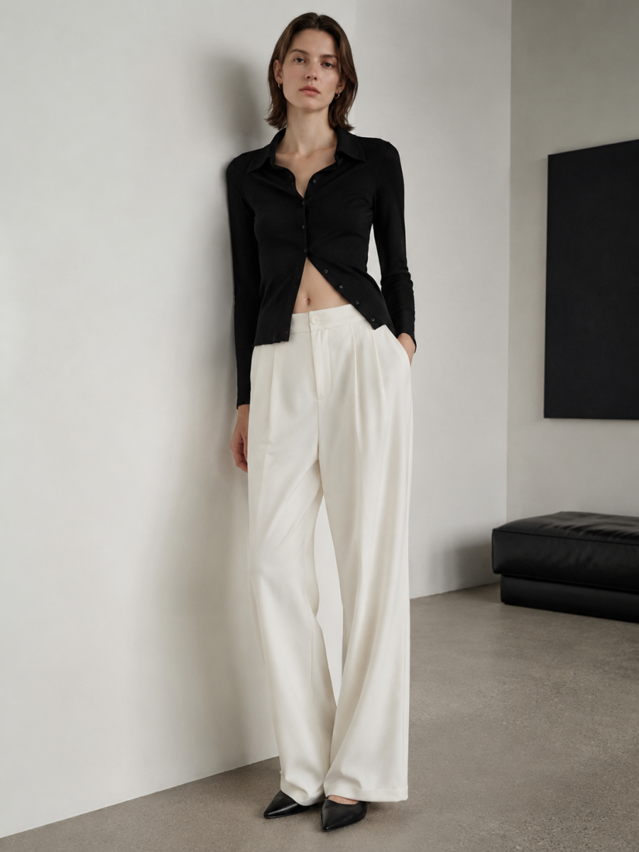 Women Off‑White High Waist Wide Leg Trousers C-41321