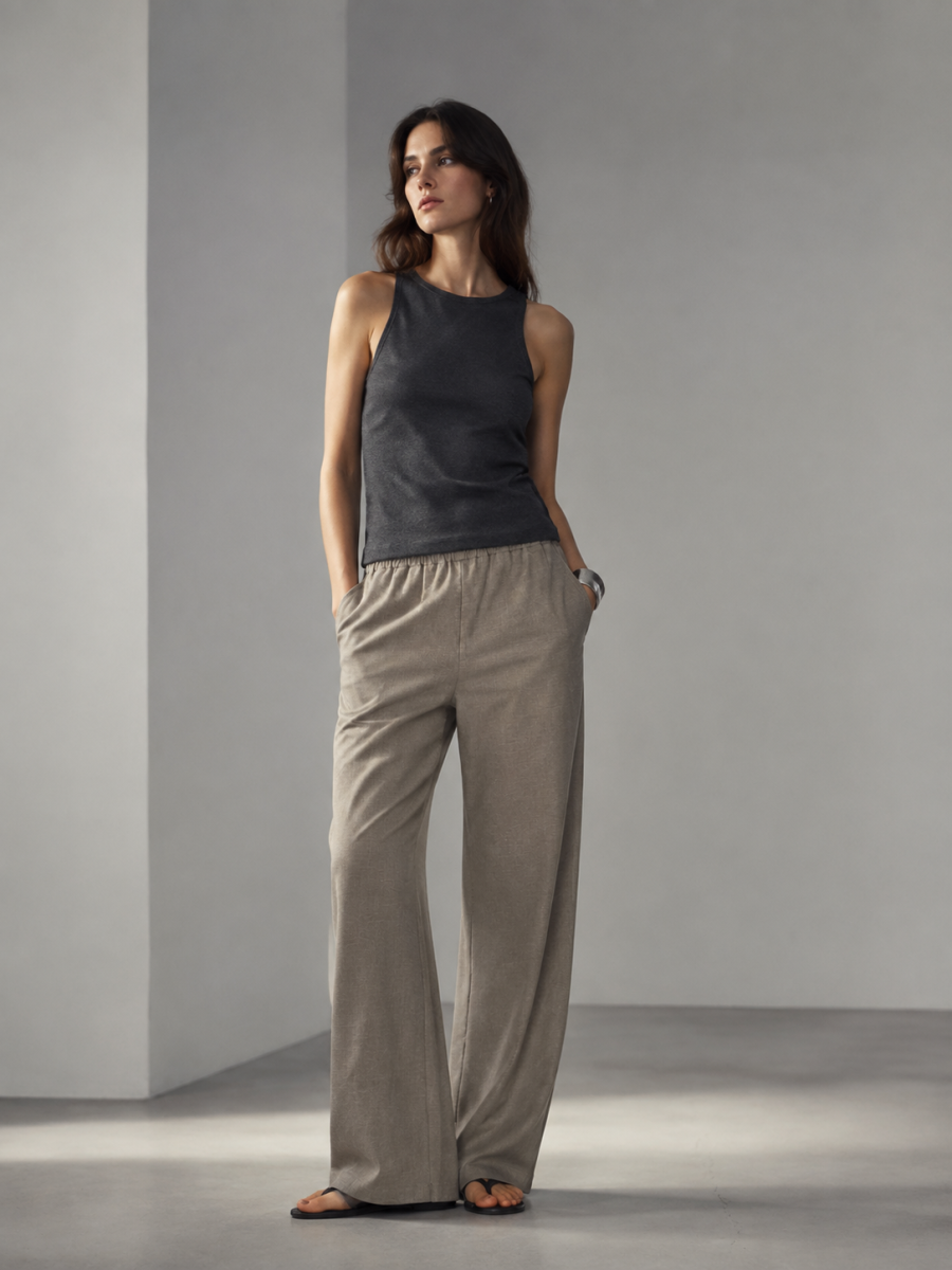 High‑Waist Pull‑On Linen Wide‑Leg Trousers C-41741