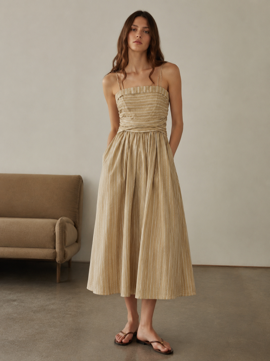 Women Yellow Striped Maxi Dress C-42617