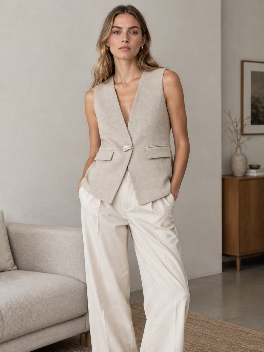 Women Beige Tailored Sleeveless Blazer Vest C-43040