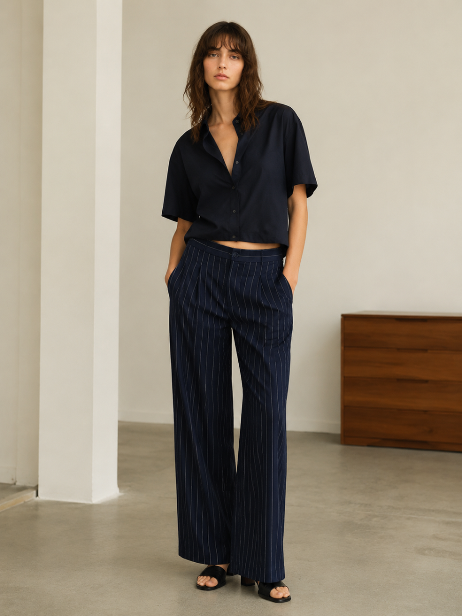 Women Navy Pinstripe Wide Leg Pants C-43629