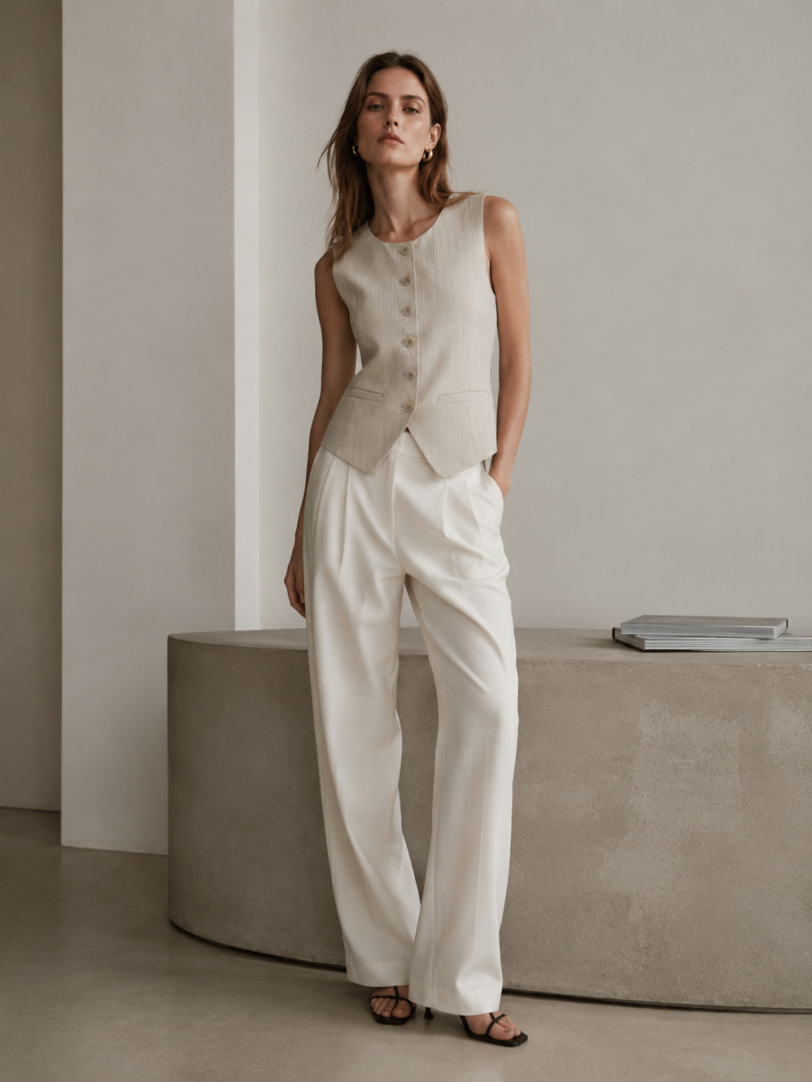 Women Cream Pinstripe Sleeveless Blazer Vest C-43666