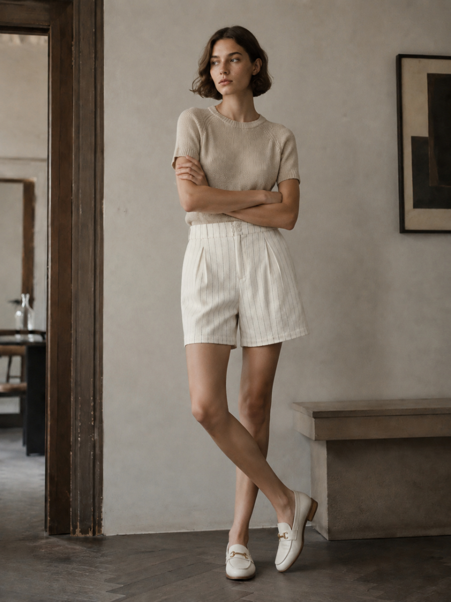 High Waist Pleated Pinstripe Wide‑Leg Shorts D-40562H