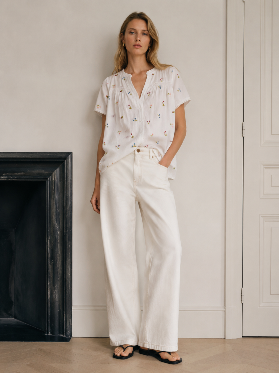 Boho Cherry Embroidered Short Sleeve Blouse D-42743