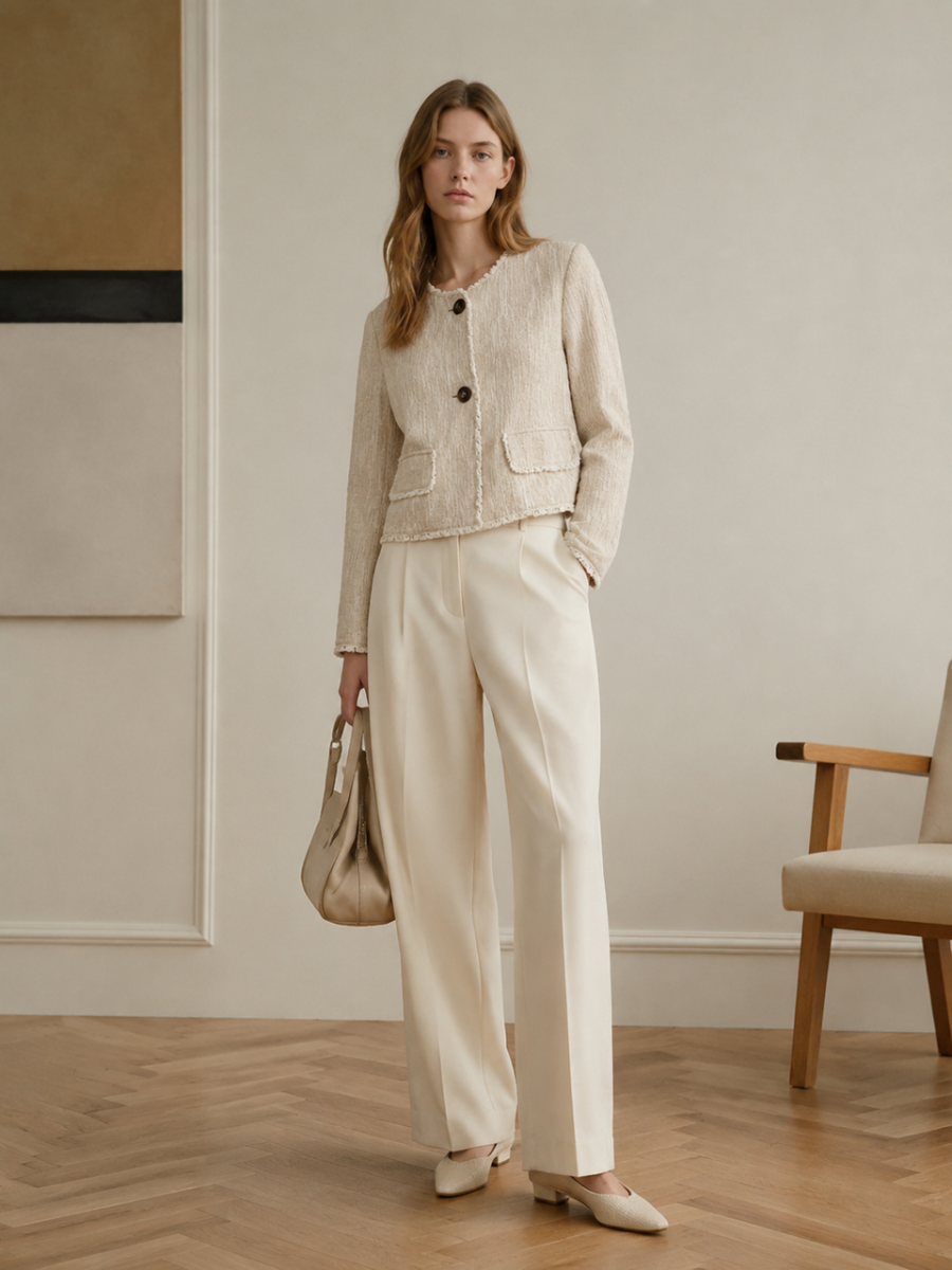 Women Beige Textured Tweed Short Jacket L-009