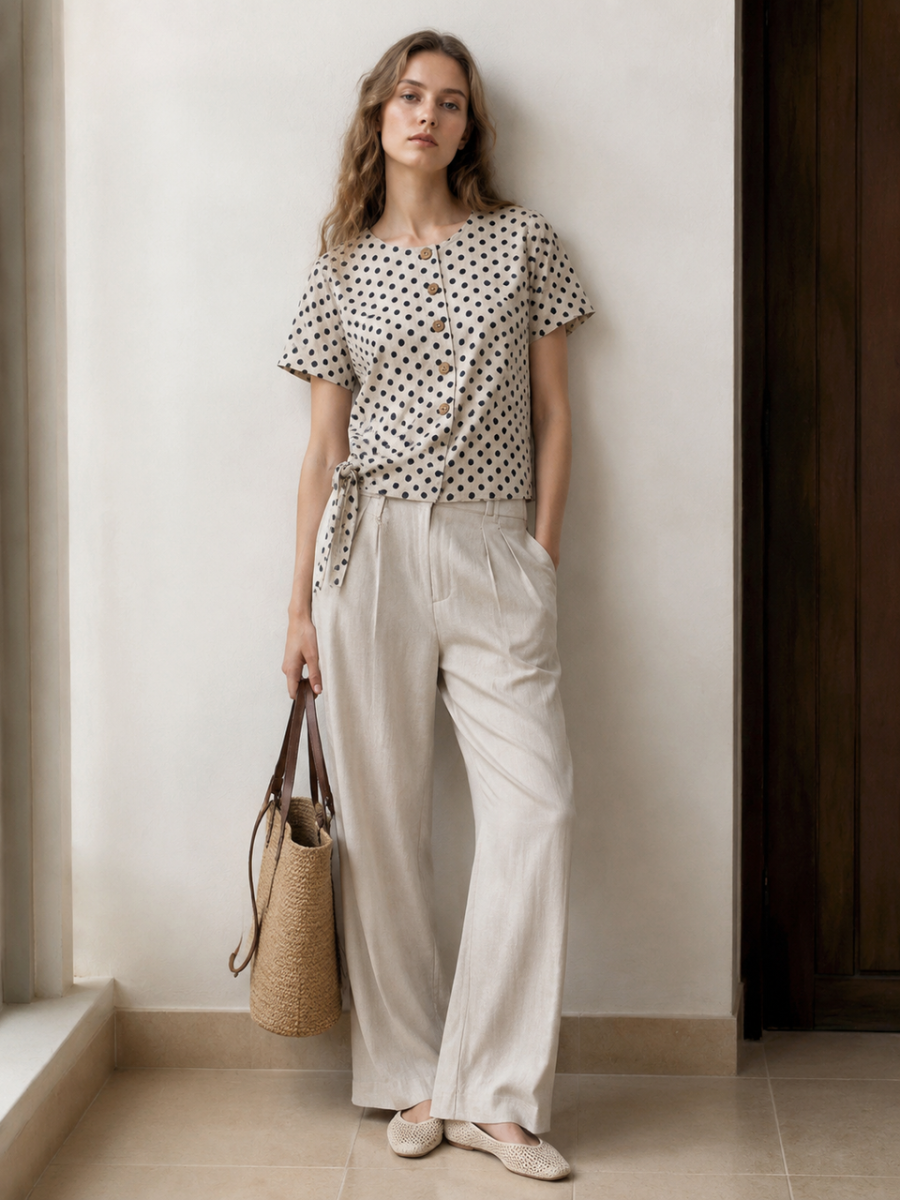 Women Retro Polka‑Dot Textured Blouse L-25900