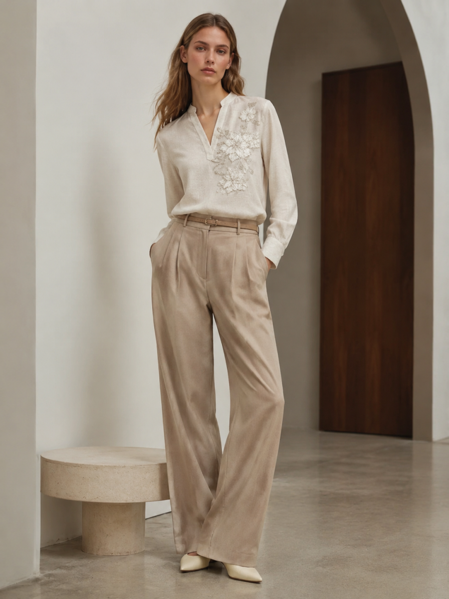 Women Off‑White Linen‑Blend V‑Neck Long Sleeve Blouse M-42895