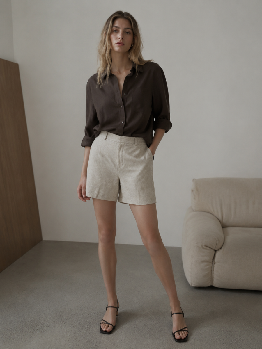 Women Natural Linen Textured Mid‑Length Shorts W-28683