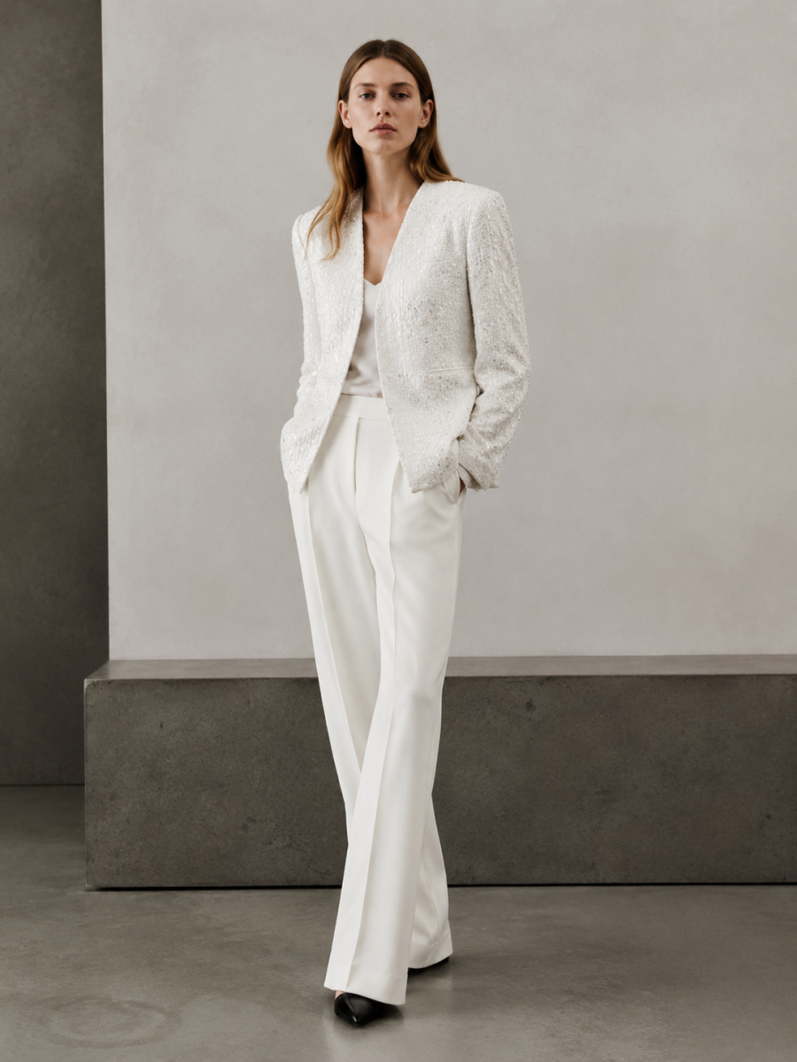 Elegant White Embellished Sequin Tweed Blazer W-35368