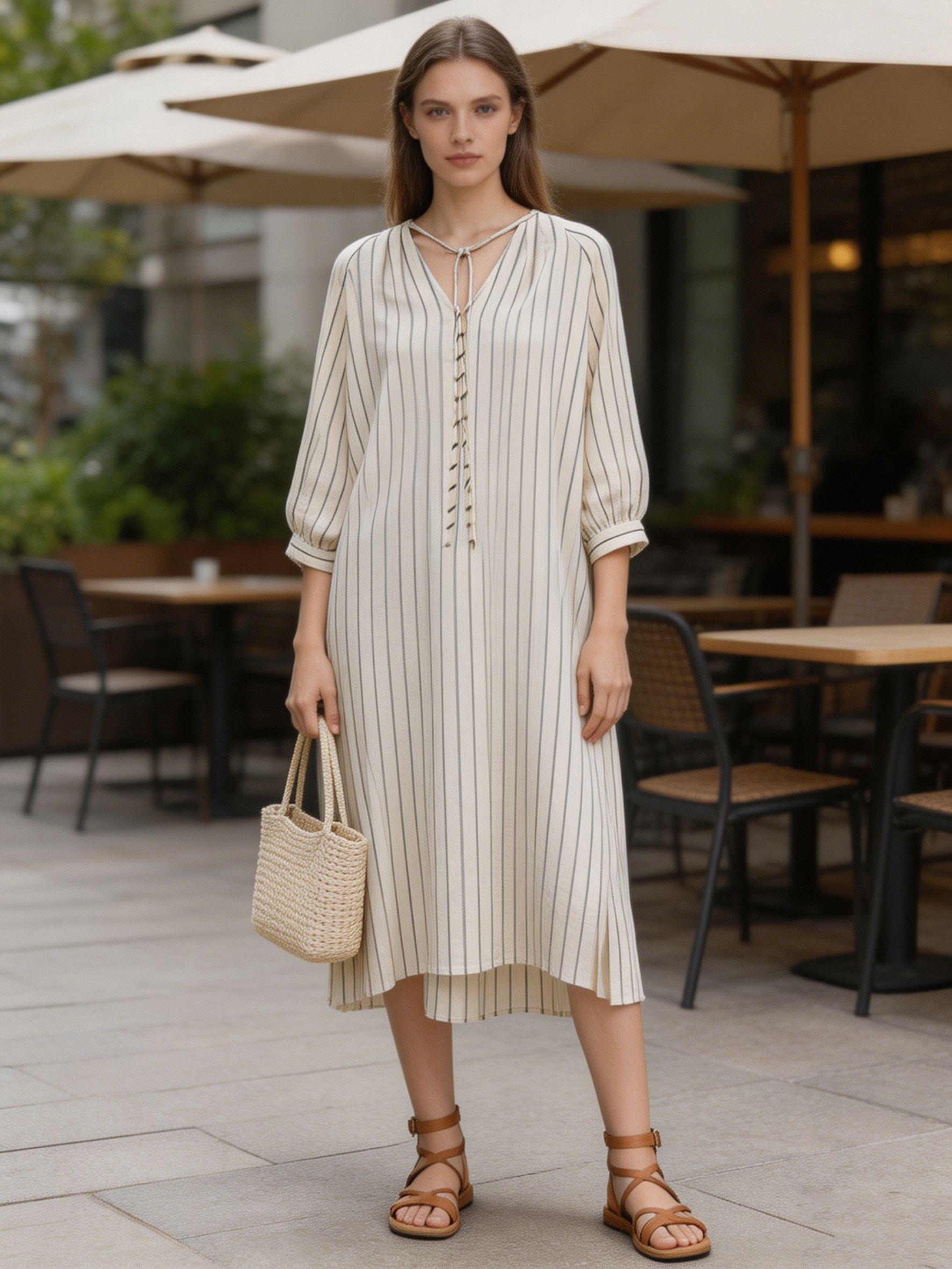 Casual Striped Linen Blend Midi Dress with V-Neck Tie C-42199