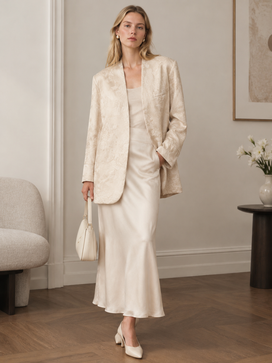 Women Champagne Gold Floral Jacquard Open‑Front Blazer W-40429