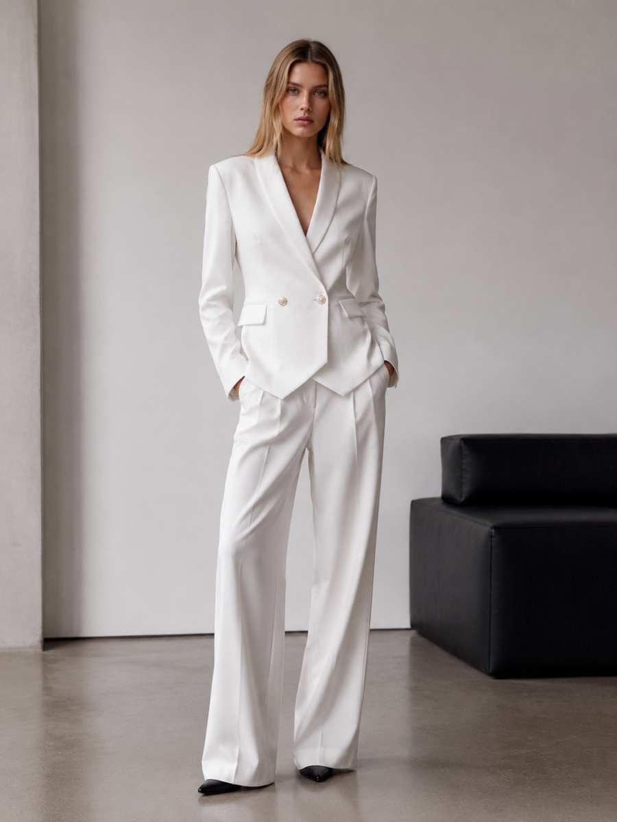 Elegant White Cropped Double‑Breasted Blazer W-40939