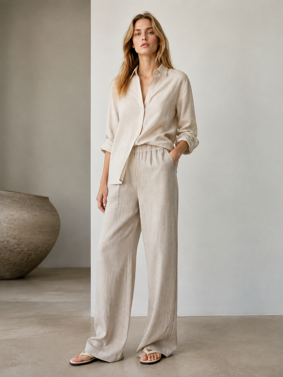 Elastic High Waist Linen Wide‑Leg Trousers W-41367