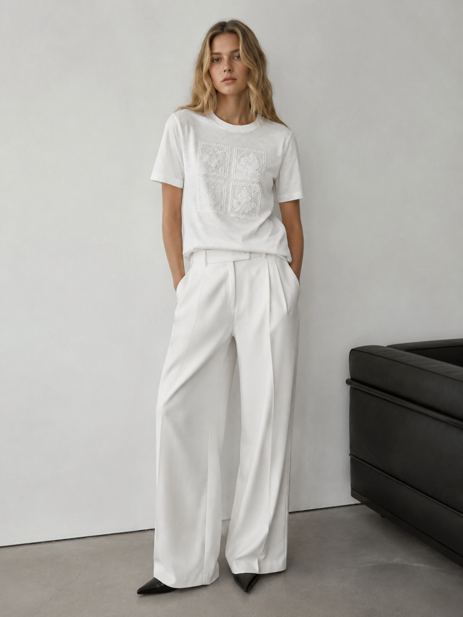 Women White Linen‑Blend Short Sleeve T‑Shirt W-42792