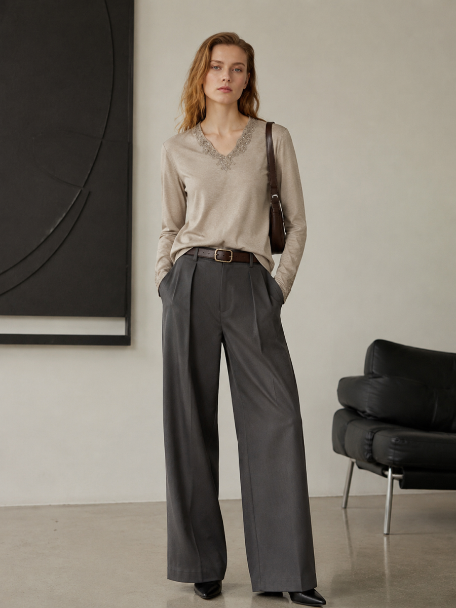 Women Khaki Linen‑Texture Long Sleeve Top W-42970