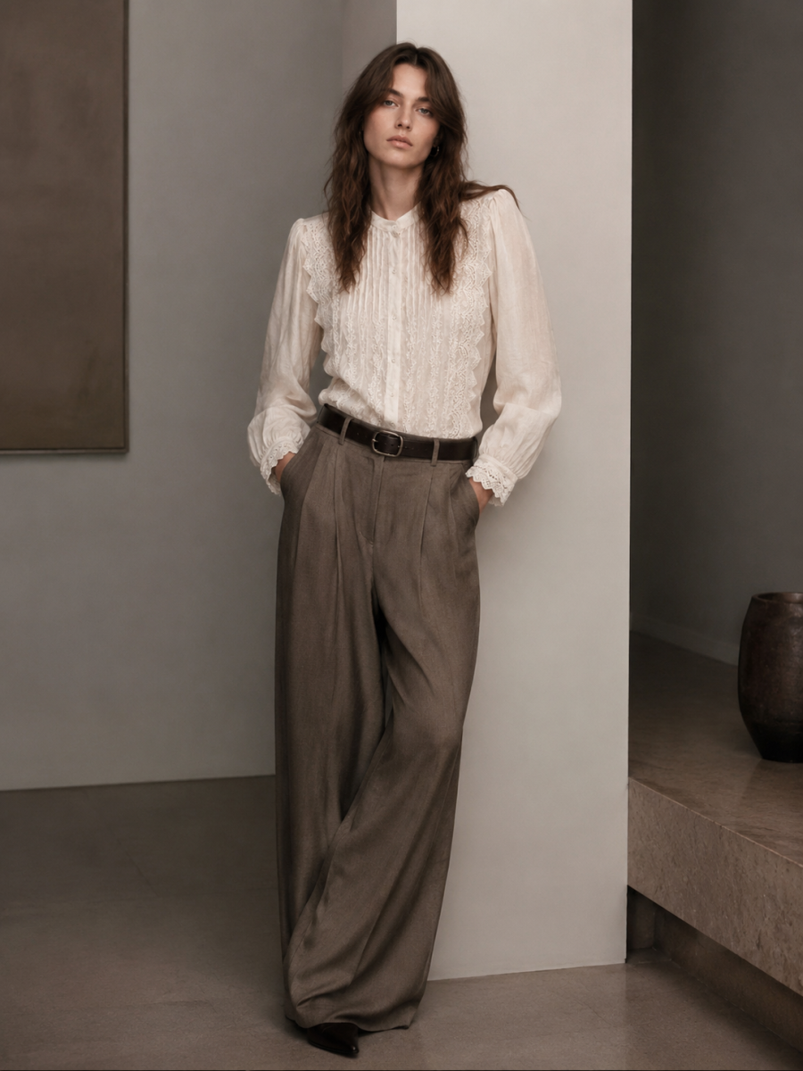 Women Cream Linen Stand‑Collar Long Sleeve Blouse W-43169