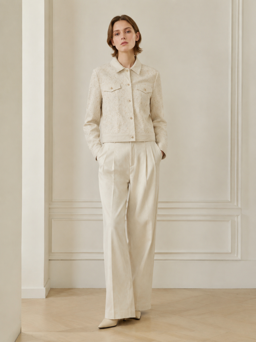 Women Beige Linen‑Blend Cropped Trucker Jacket W-43204