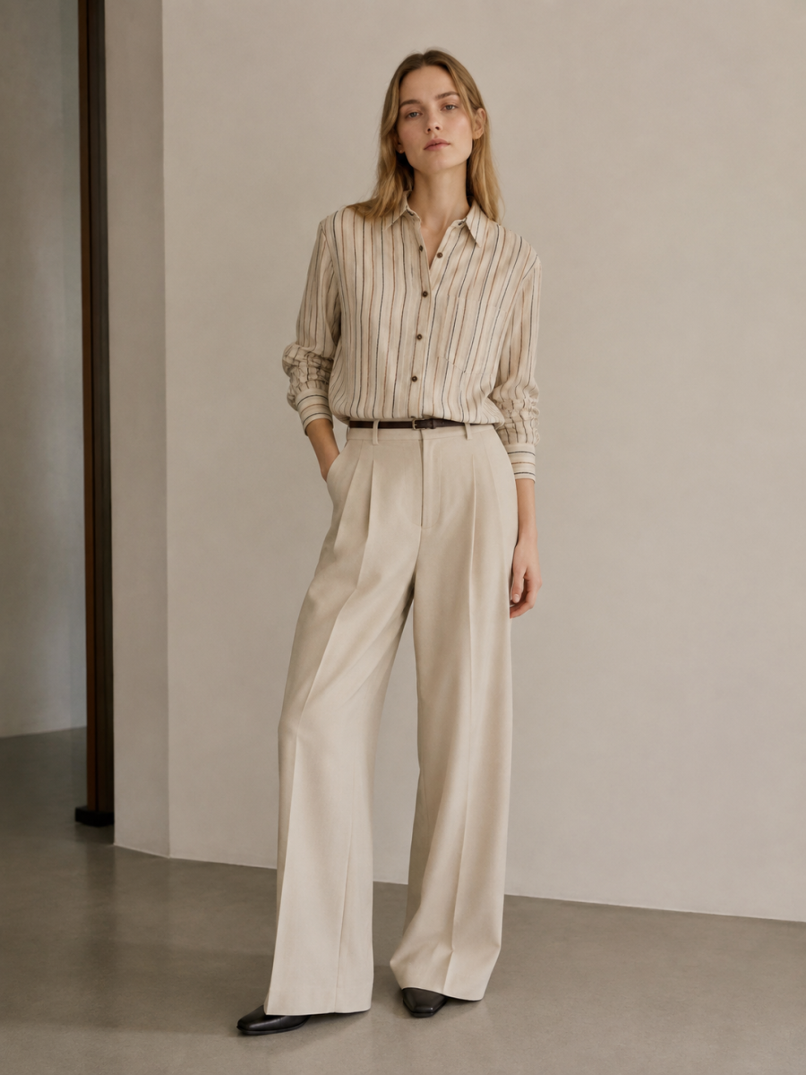 Women Cream Vertical Stripe Linen‑Blend Button‑Down Shirt W-43519