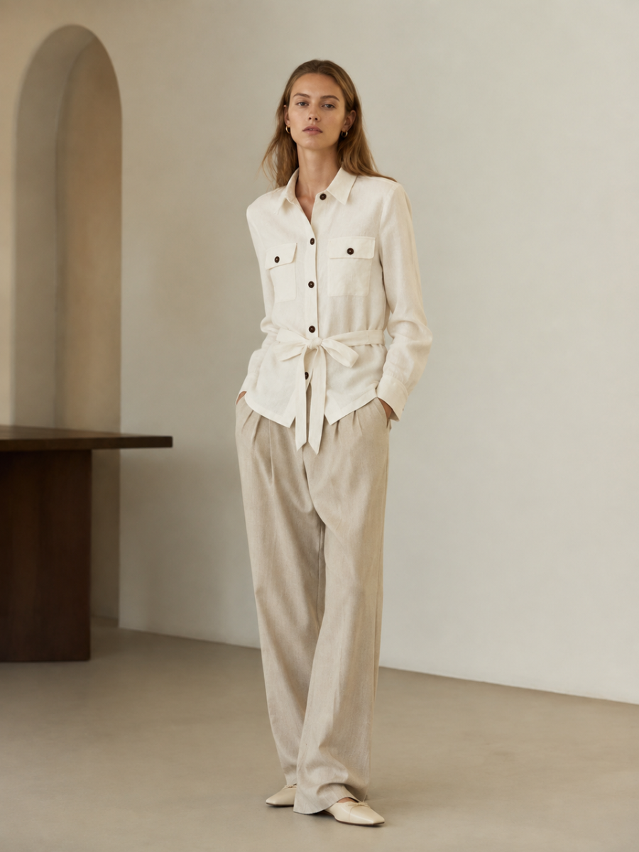 Collared Belted Tie‑Waist Linen Overshirt W-43594