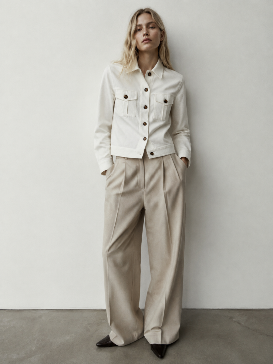 Women White Pure Linen Trucker‑Style Jacket W-43600