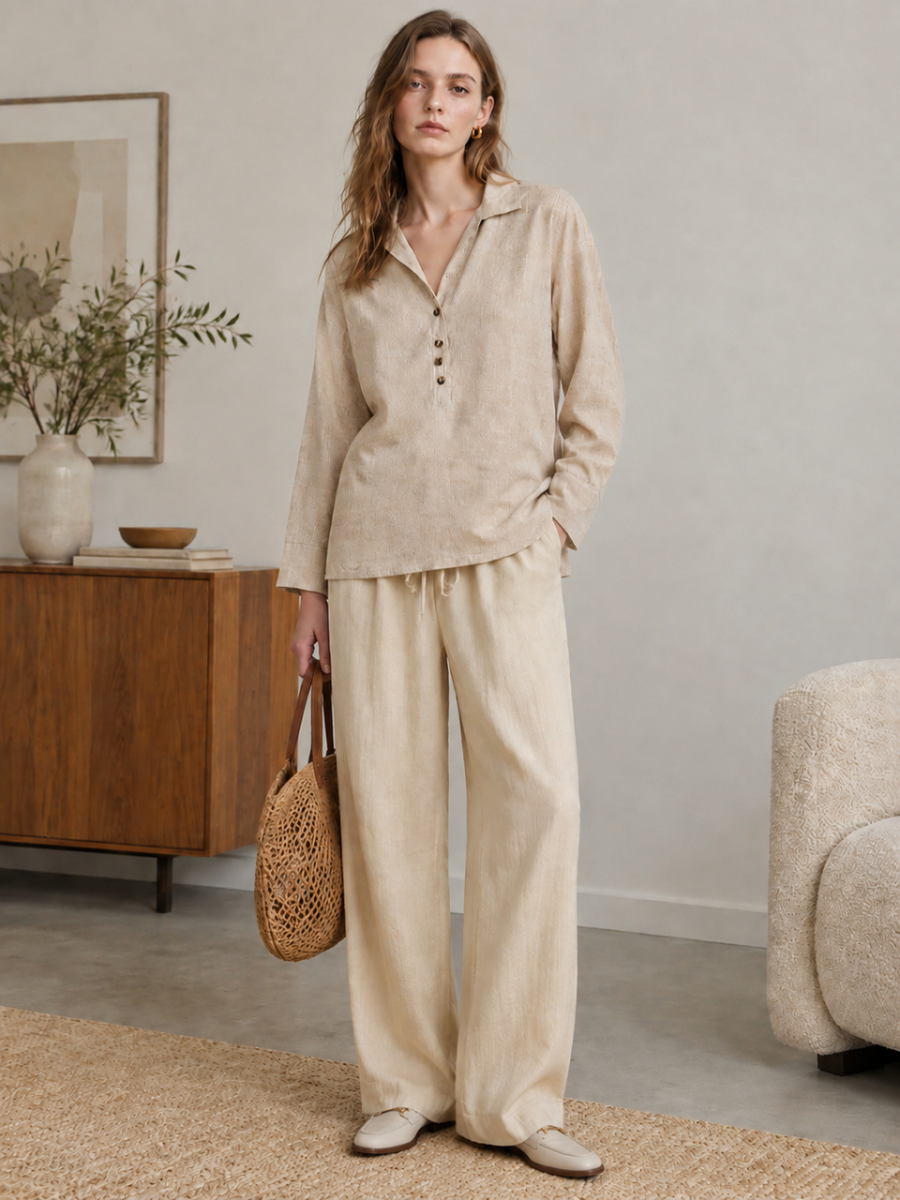 Women Natural Flax Linen Polo Collar Blouse W-433441