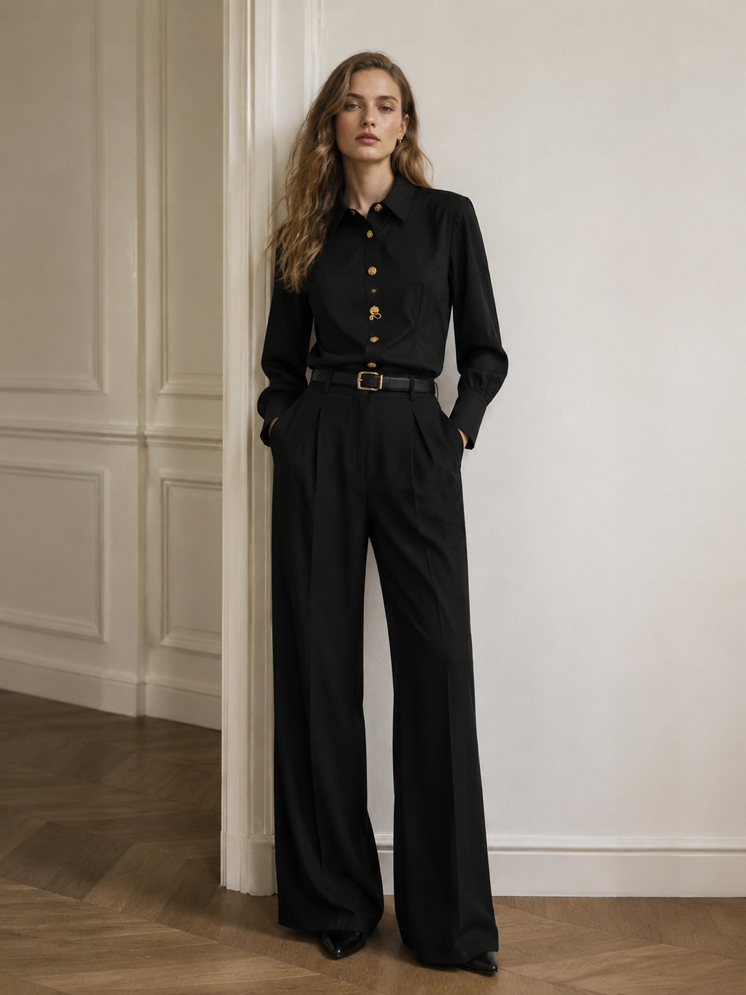 Collared Gold‑Hardware Button‑Front Fitted Blouse C-43618