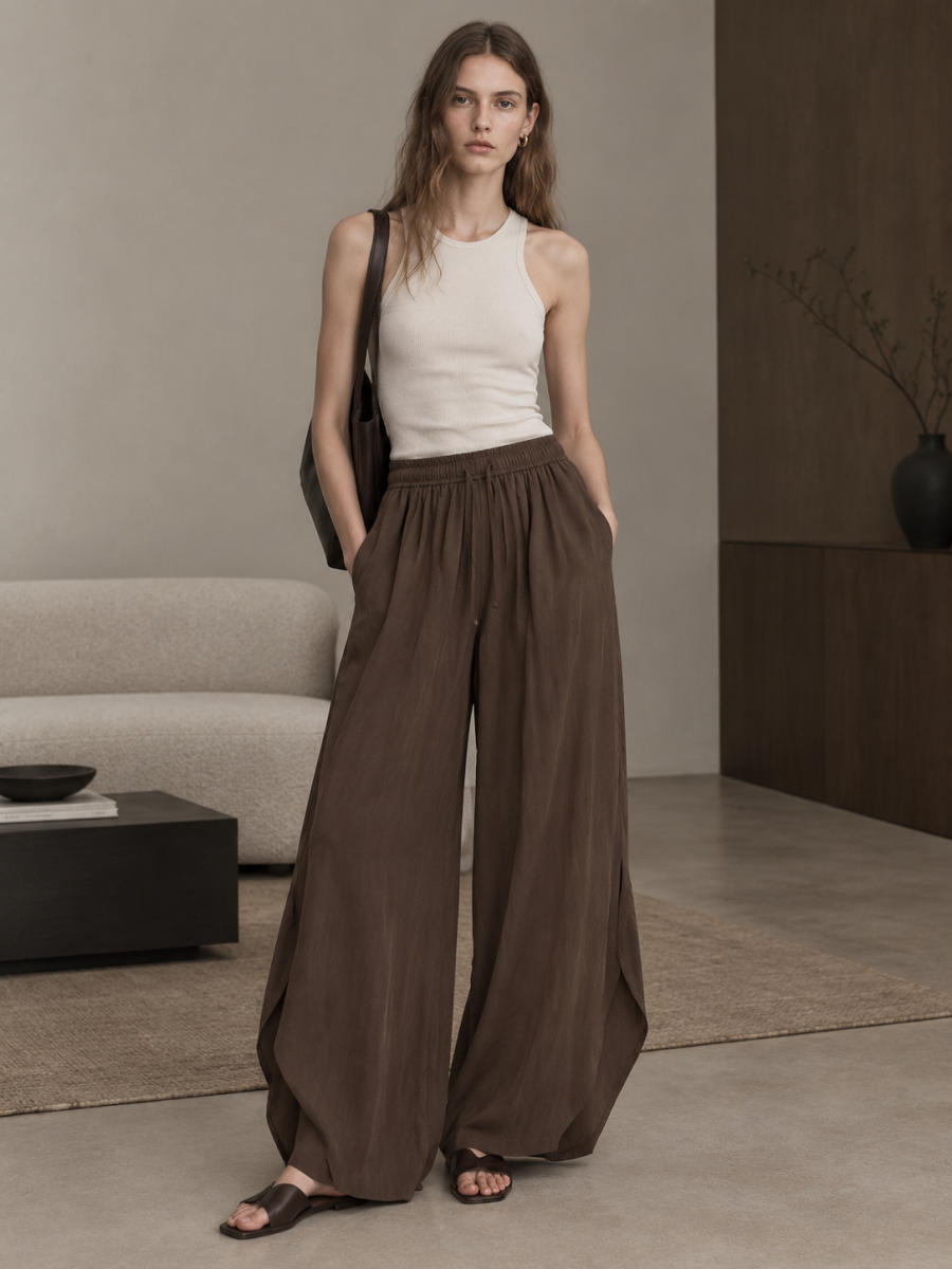 Boho Relaxed‑Fit Brown Drawstring Balloon Wide‑Leg Pants C-43637