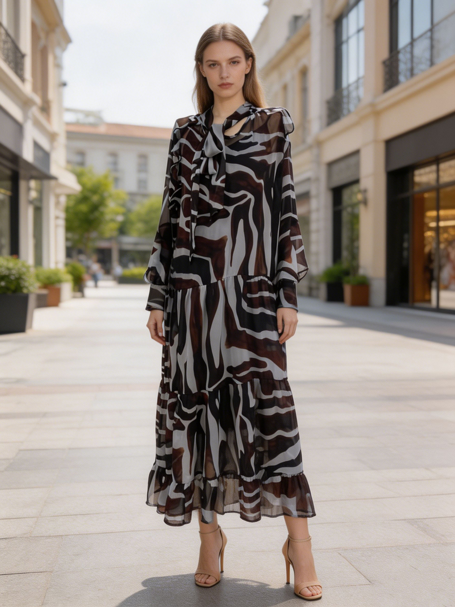 Women’s Animal Print Tie Neck Chiffon Long Sleeve Maxi Dress XW-251208