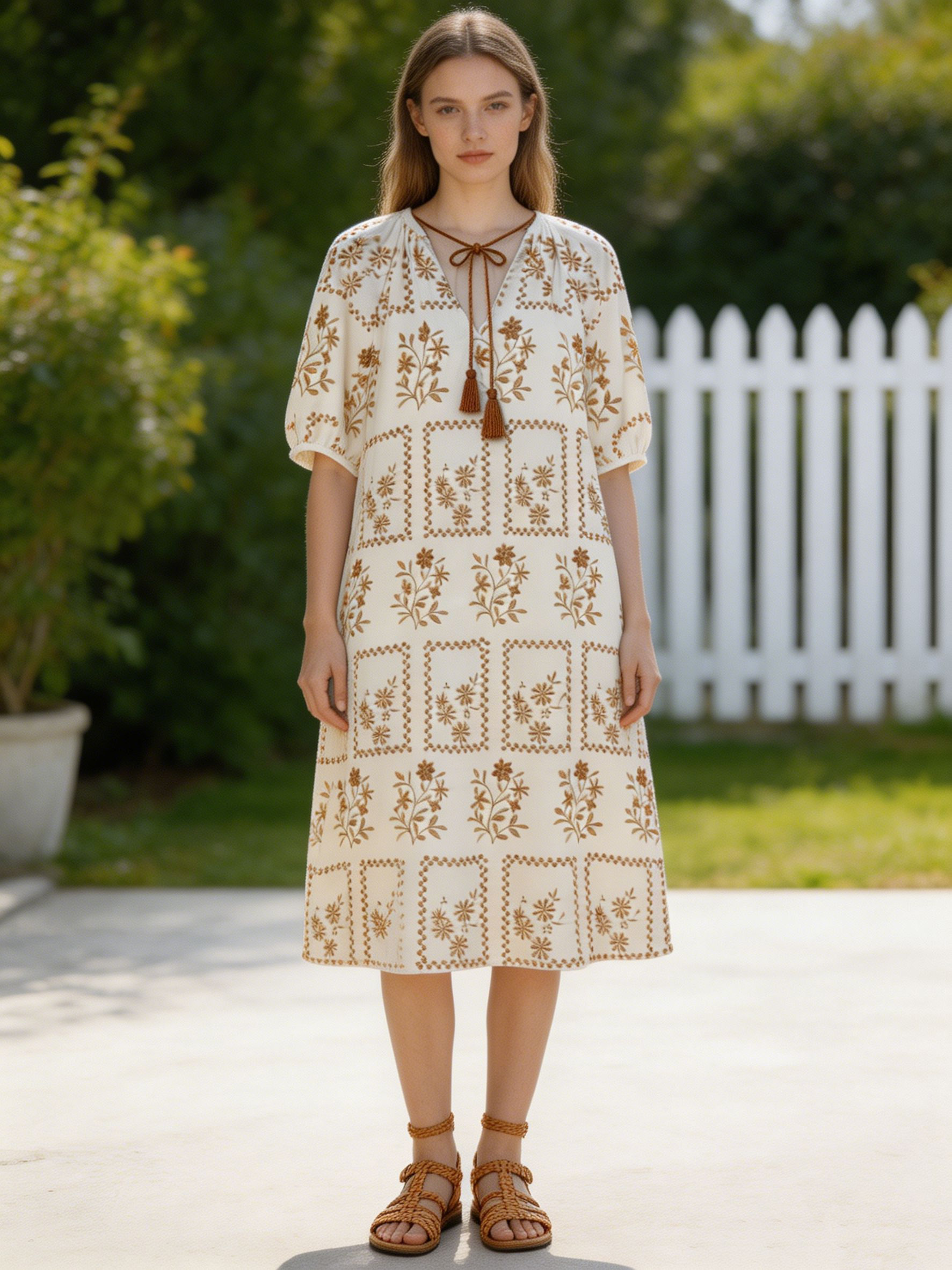 Boho Embroidered Tassel Tie Midi Dress – Women’s Resort Vacation Style C-42323