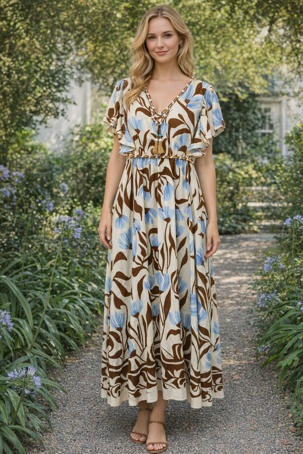 Women’s Summer Boho Floral Ruffle Sleeve V Neck Maxi Dress AN-760005