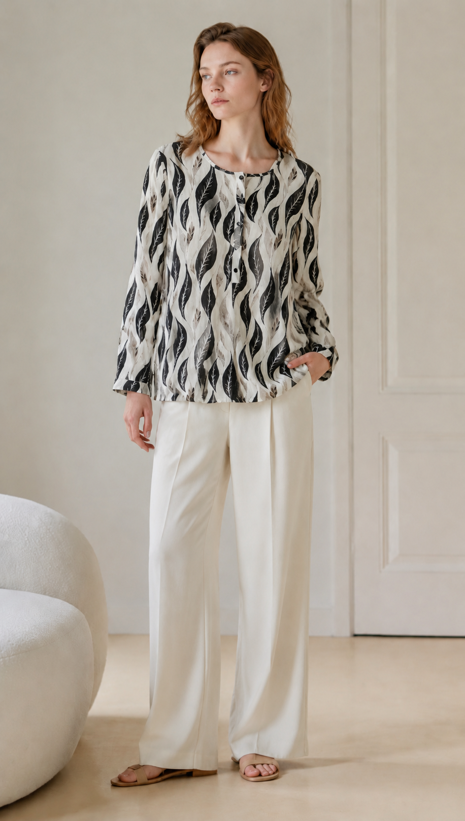 Chiffon Top with Crew Neck & Front Placket graphic blouse A-42236+A-42380