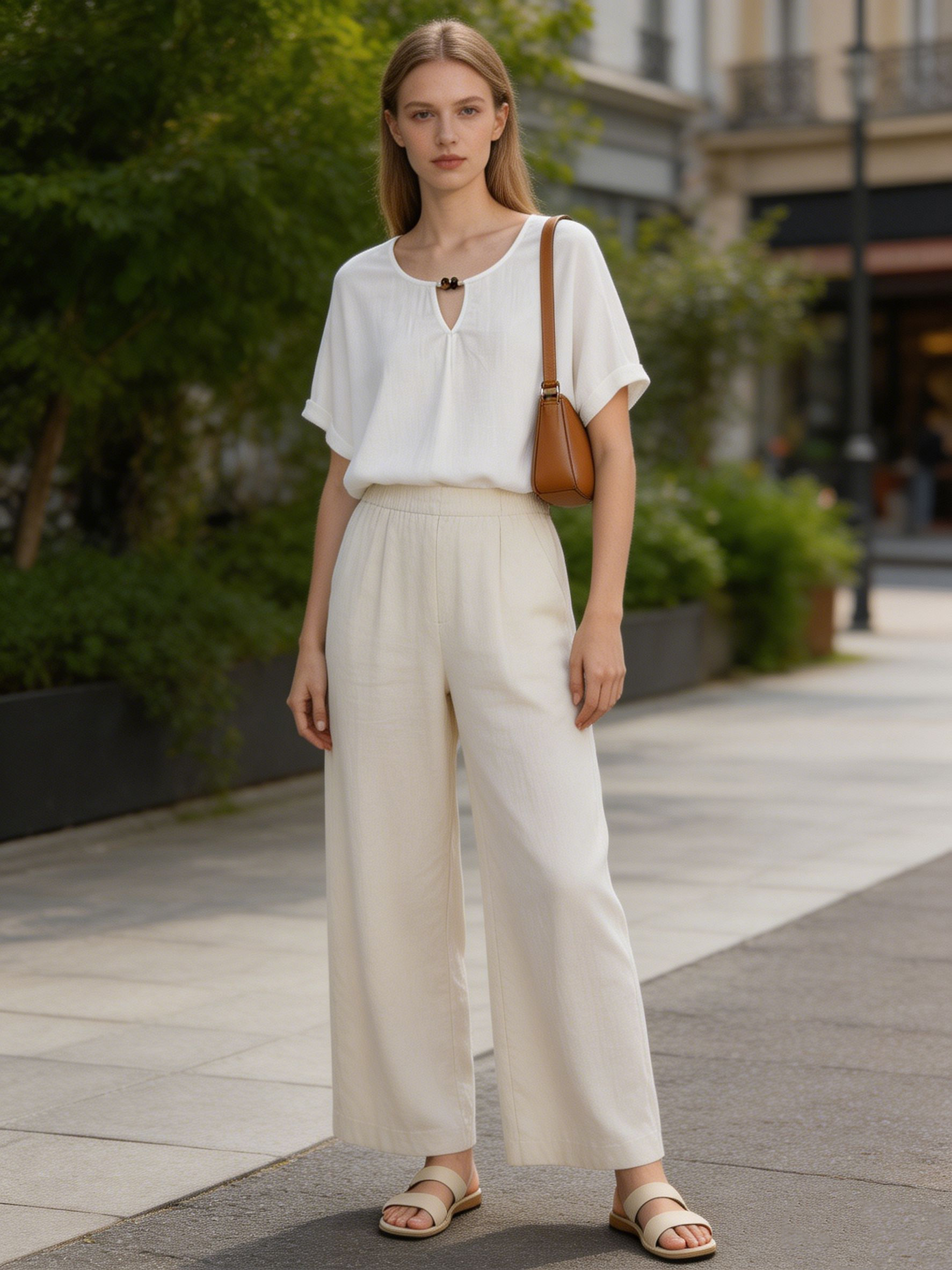 Boho Linen Texture Keyhole Neck Top Casual Short Sleeve Loose Blouse for Women A-42023