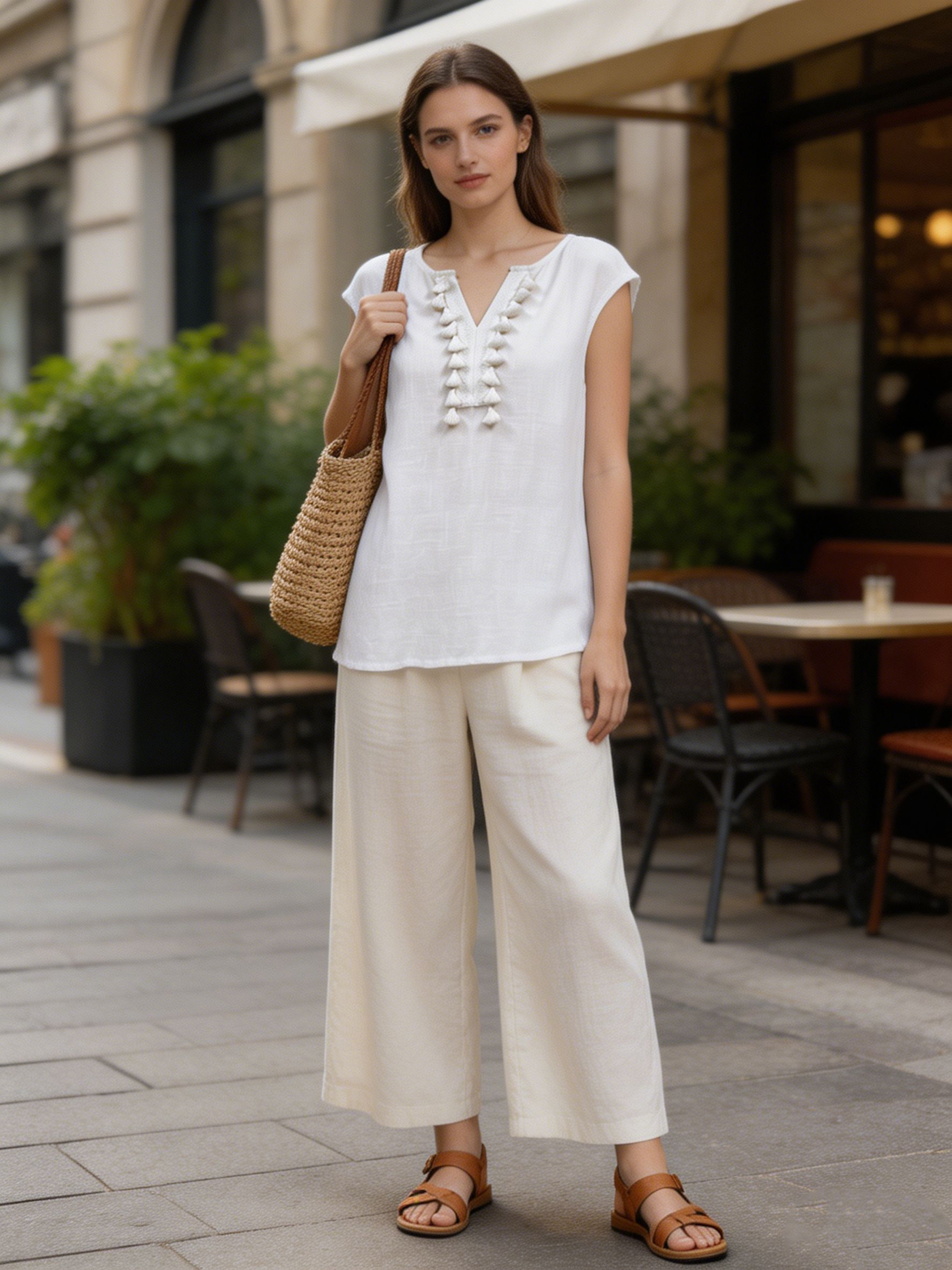 Boho Tassel Trim Sleeveless Linen Top Casual V-Neck Blouse for Women C-41968