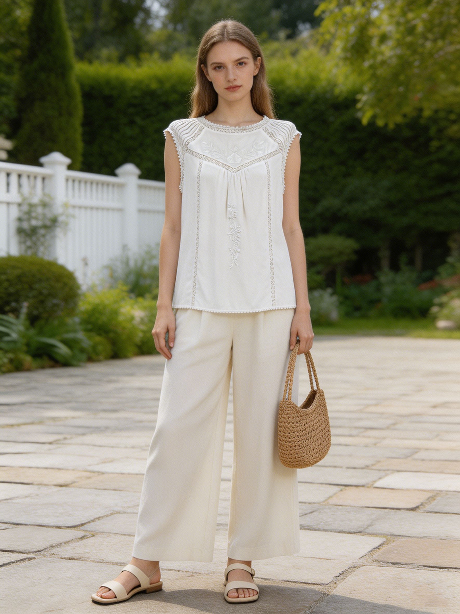 Boho White Cotton Embroidered Blouse Crochet Detail Pom-Pom Hem Summer Top 