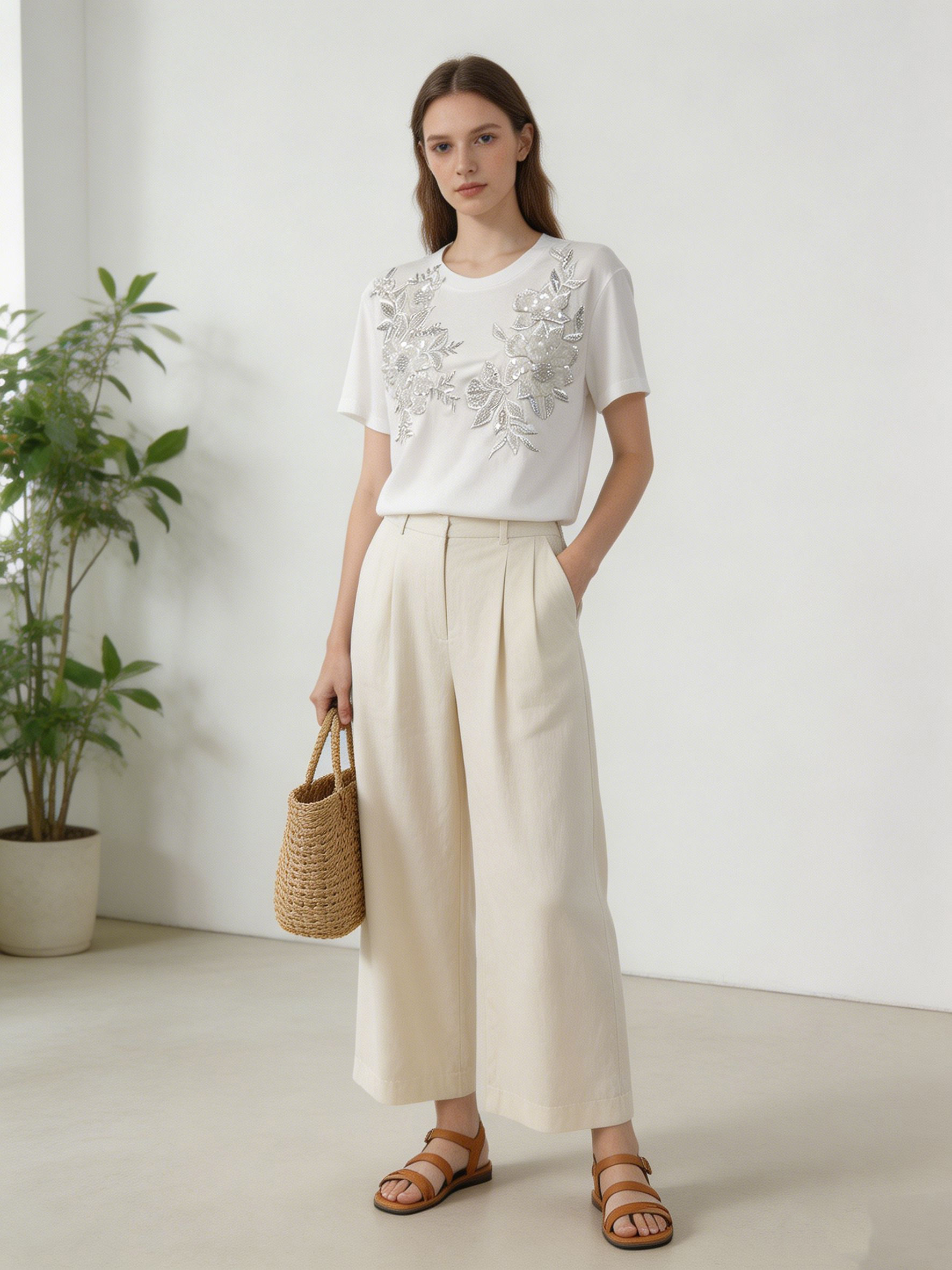 Boho Sequin Embroidered White Tee Casual Summer Top for Women M-38604