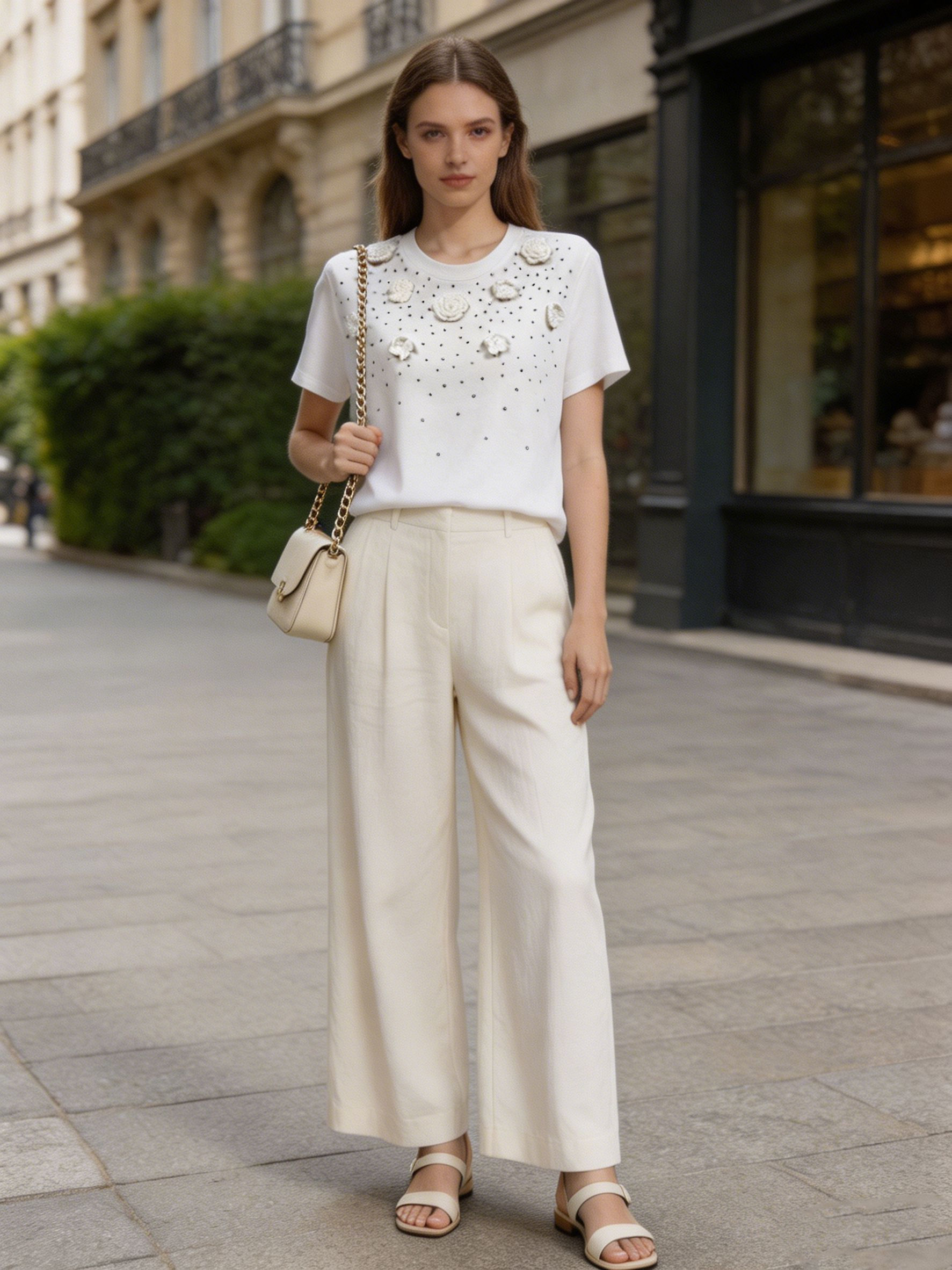 Summer White Tee with 3D Crochet Flowers and Rhinestones Short Sleeve Top M-40142-7