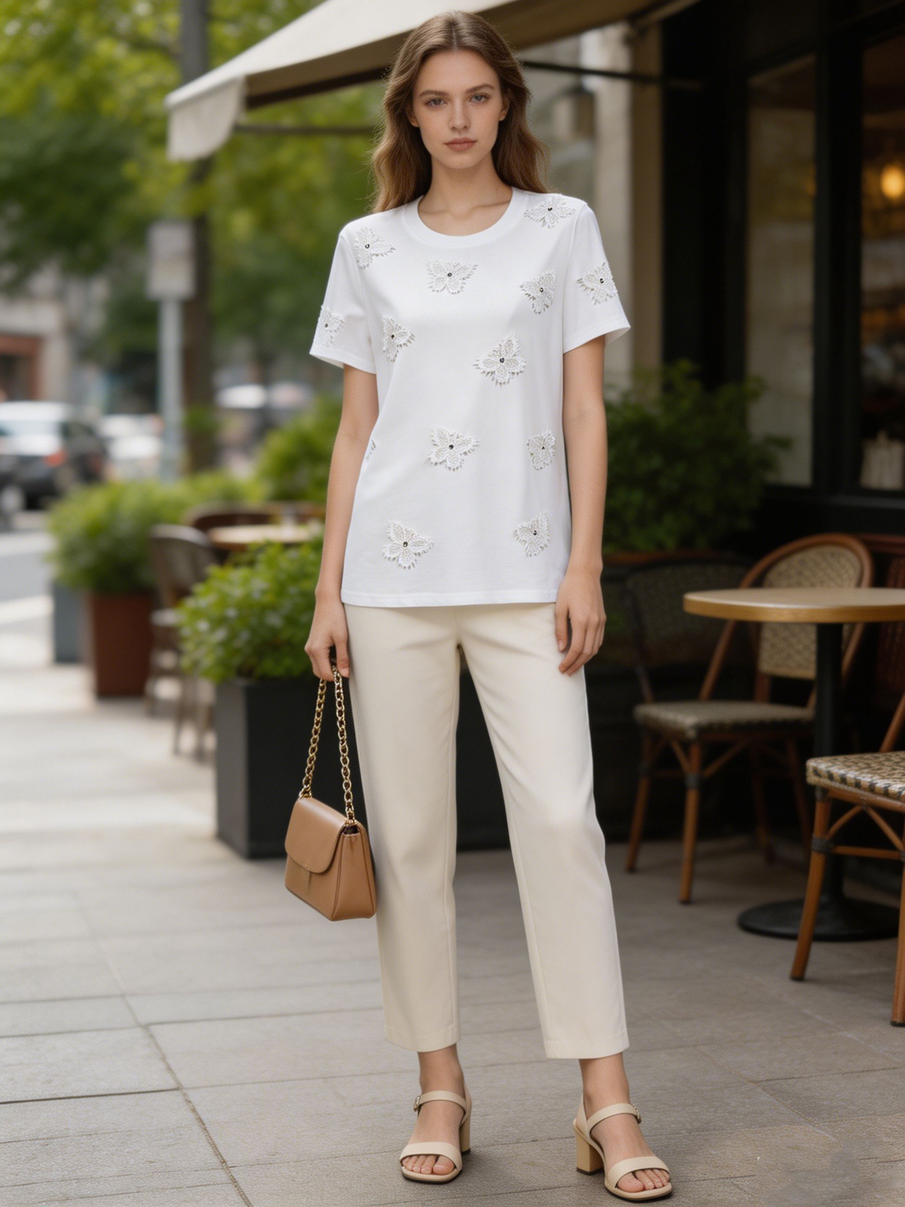 Women's White Floral Lace Applique Embellished T-Shirt Short Sleeve Casual Summer Top M-40196-3