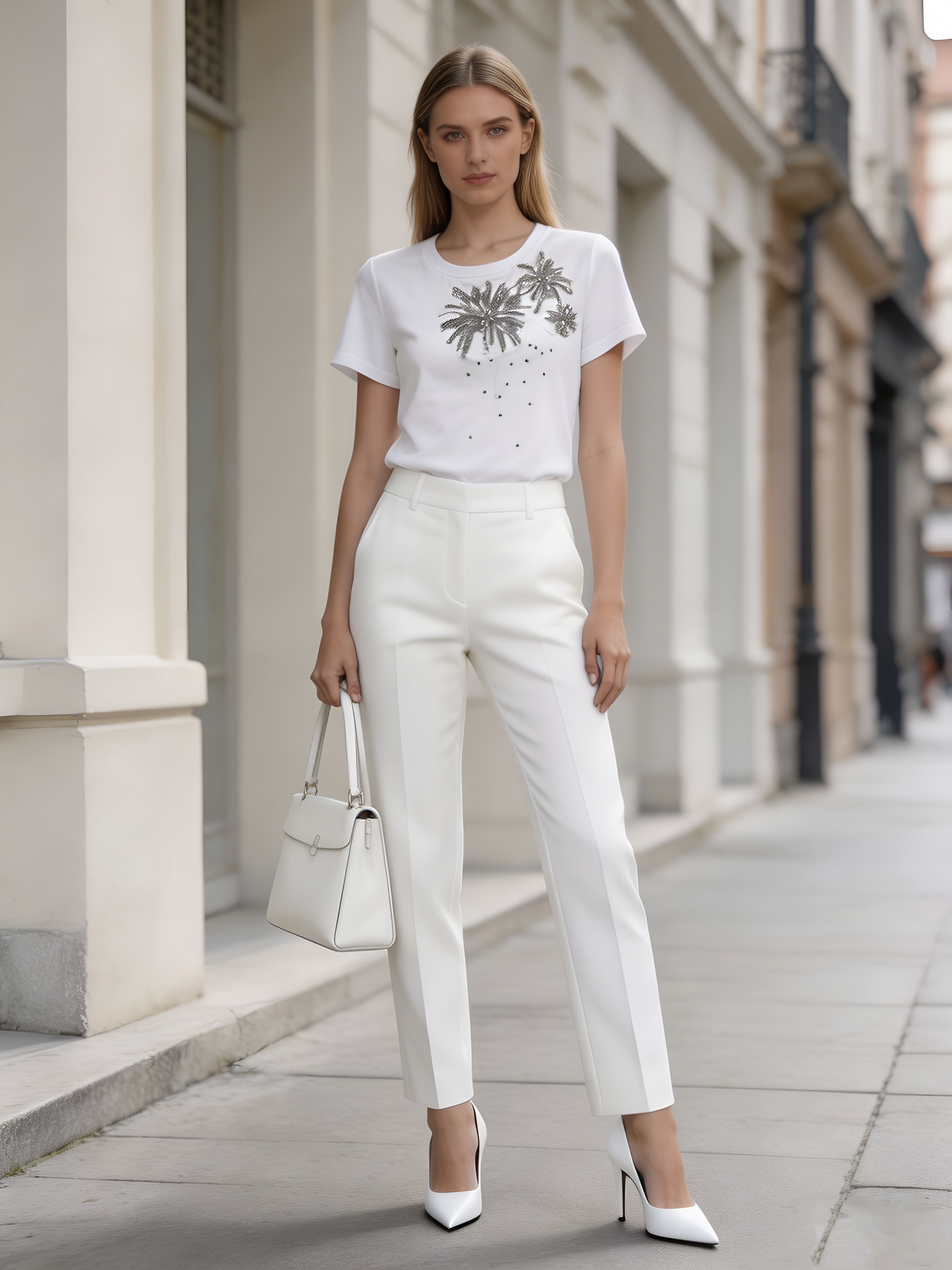 Ladies' Silver Sequined Beadwork Crew Neck T-Shirt Elegant Casual Embellished Top M-42428-4