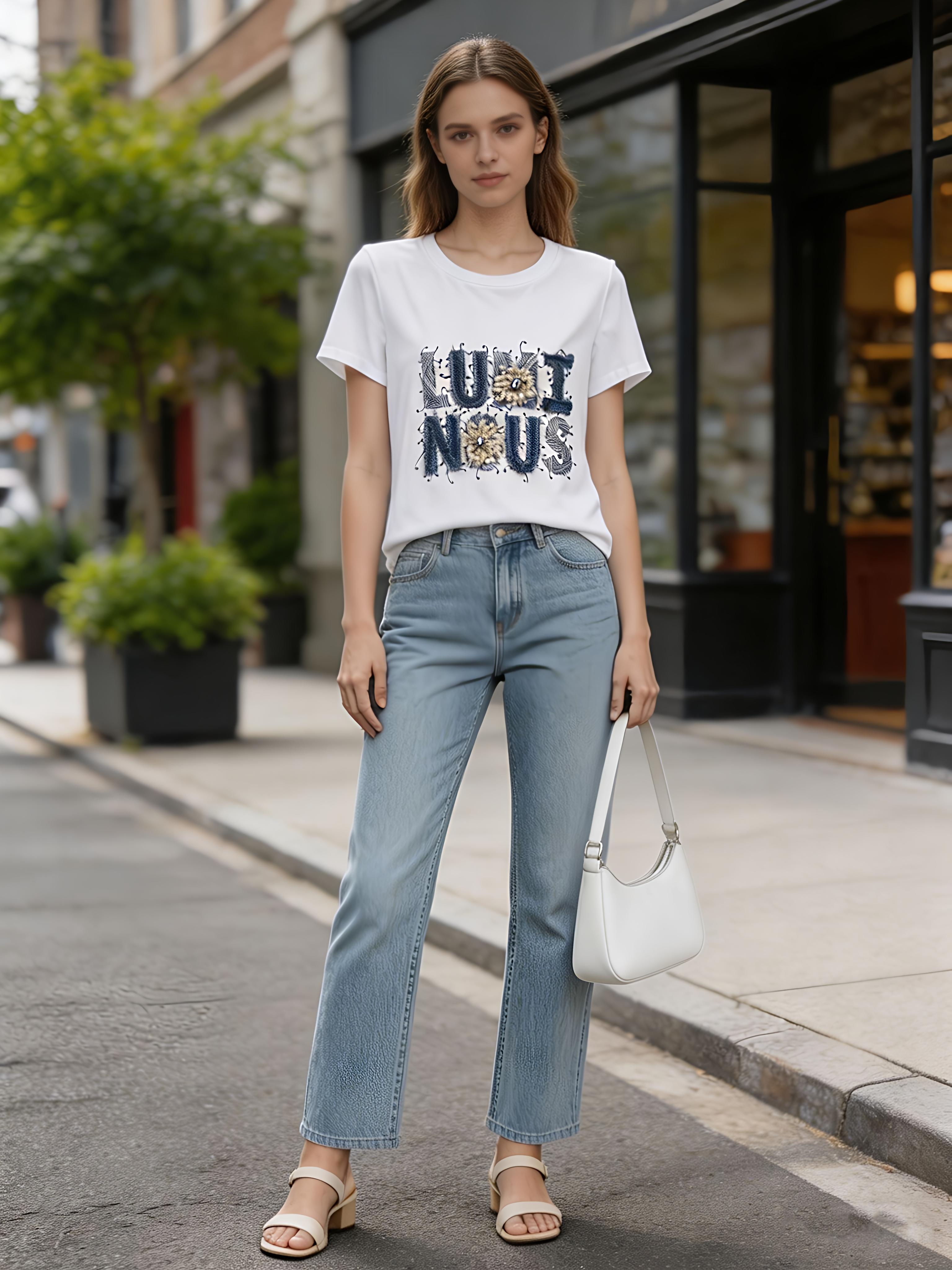 Women's Romantic Beaded Embroidery Letter T-Shirt Casual Summer Top M-42129-22